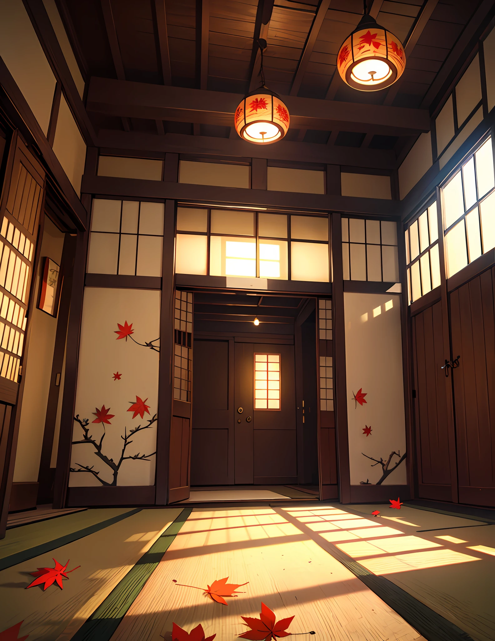 inside in room、Japan Room、Old Japan room、Beautiful maple leaves outside the small round window、Soft light、Dark indoor、