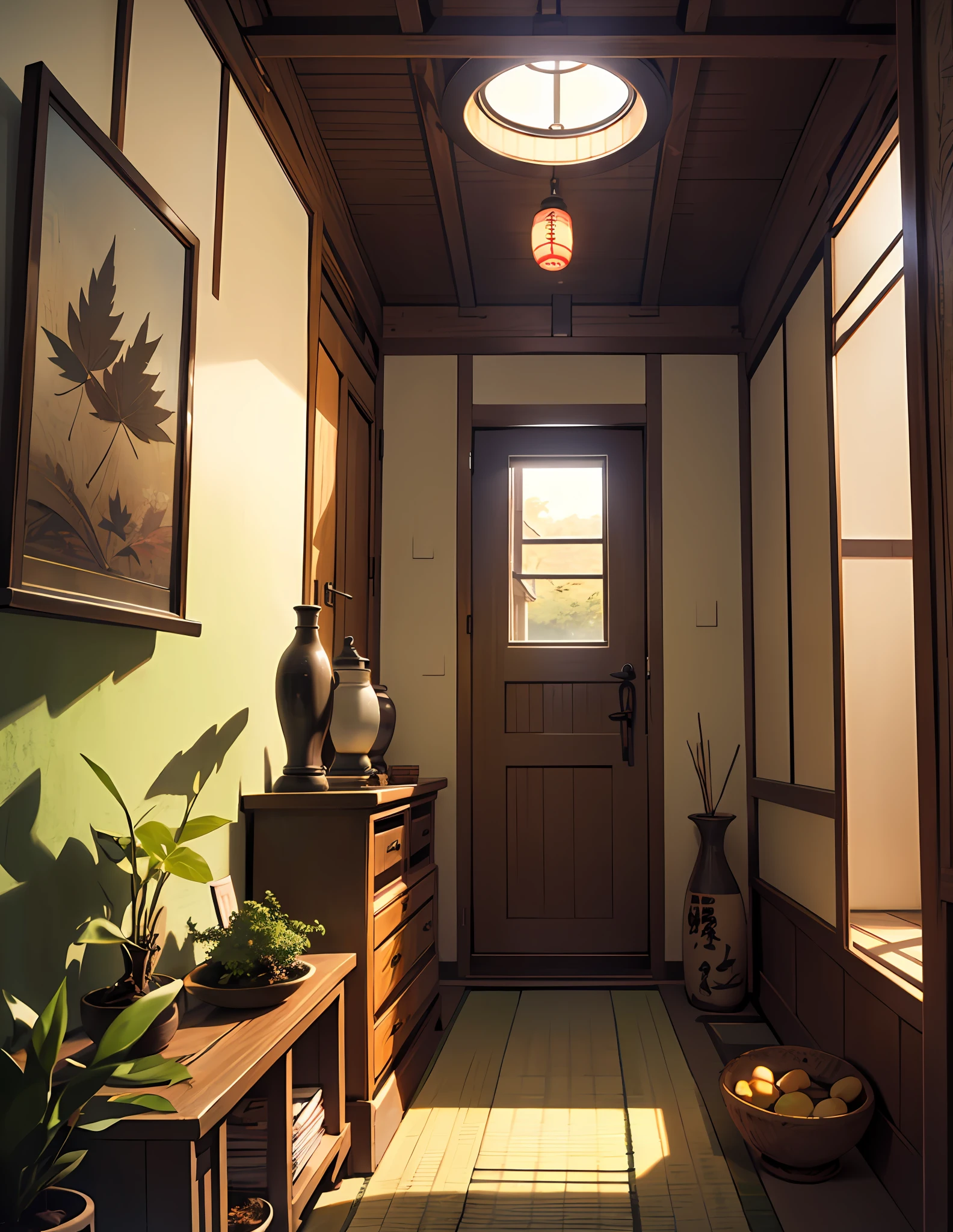 inside in room、Japan Room、Old Japan room、Beautiful maple leaves outside the small round window、Soft light、Dark indoor、