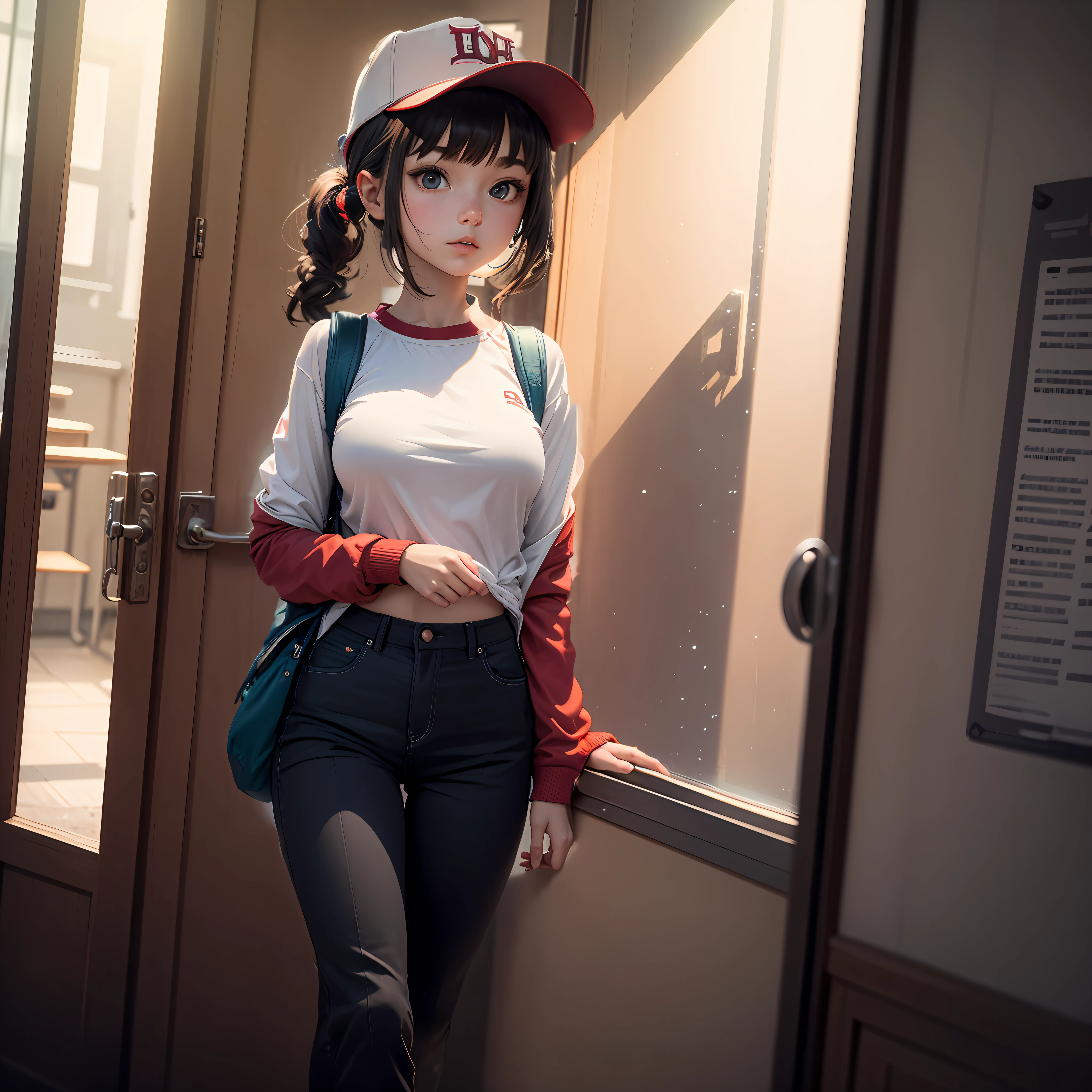 It is dark all around,The girl is located next to an open door on the outside of the classroom,On the right-hand side is the open door,On the left-hand side is a row of windows,Outside the window was pitch black