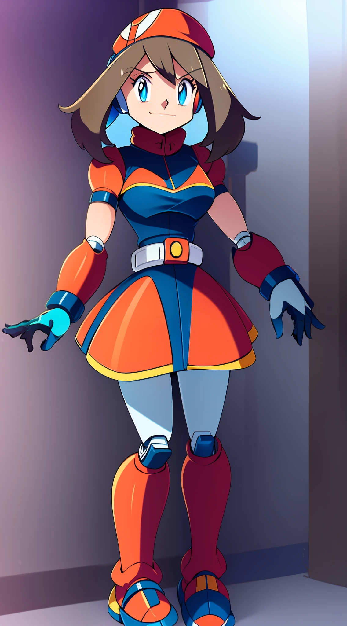 1Girl, Heavily armored, cybernetic heavy armor, arm gloves, knee-height skirt, heavy cybernetic boots, heavy cybernetic arms, heavy cybernetic torso, waist belt, megamanX heavy armor, bulky megamanX armor, reploid armor, Pokemon_May Face, heavy dark-Brown Hair, Armored cone dress, Extremely Heavy body armor, large wide dress, Waitor Dress, Heavy Torso Armor, wearing headset, wearing scarf, wearing hair bandanna, pokemon-Ranger outfit, heavy ranger outfit
