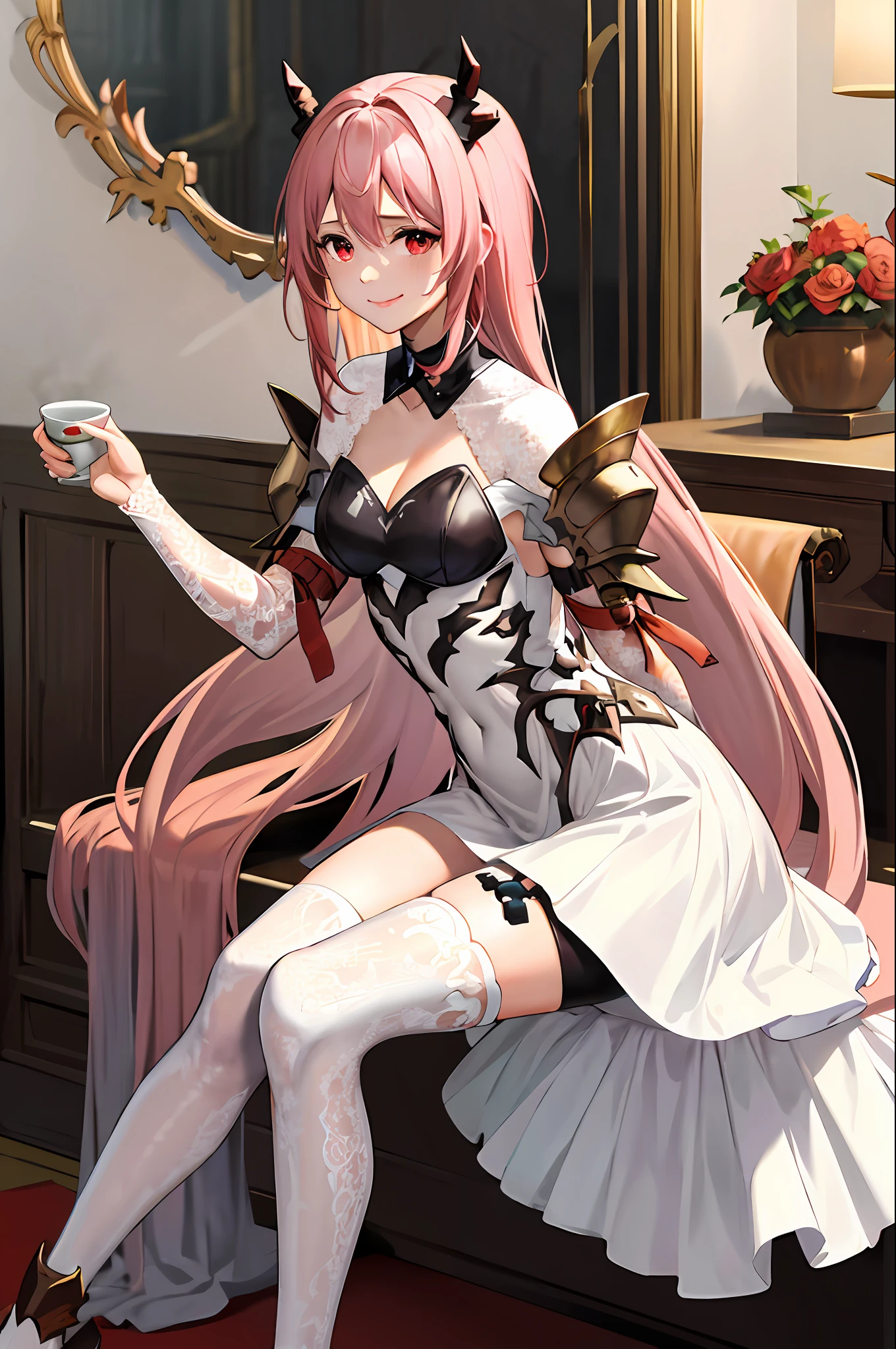 masterpiece, best quality, highres, 1girl, horns,(theresahead), (red eyes), (crying), white dress solo, shoulder armor, dress, very long hair, thigh strap, white dress, (holding big sword), (wearing steel greaves), (wearing steel gauntlets), (wearing chest plate), cleavage, pauldrons, white thighhighs, medium breasts, bangs, detached sleeves, elegantly sit on the chair, smiling, holding a cup of tea