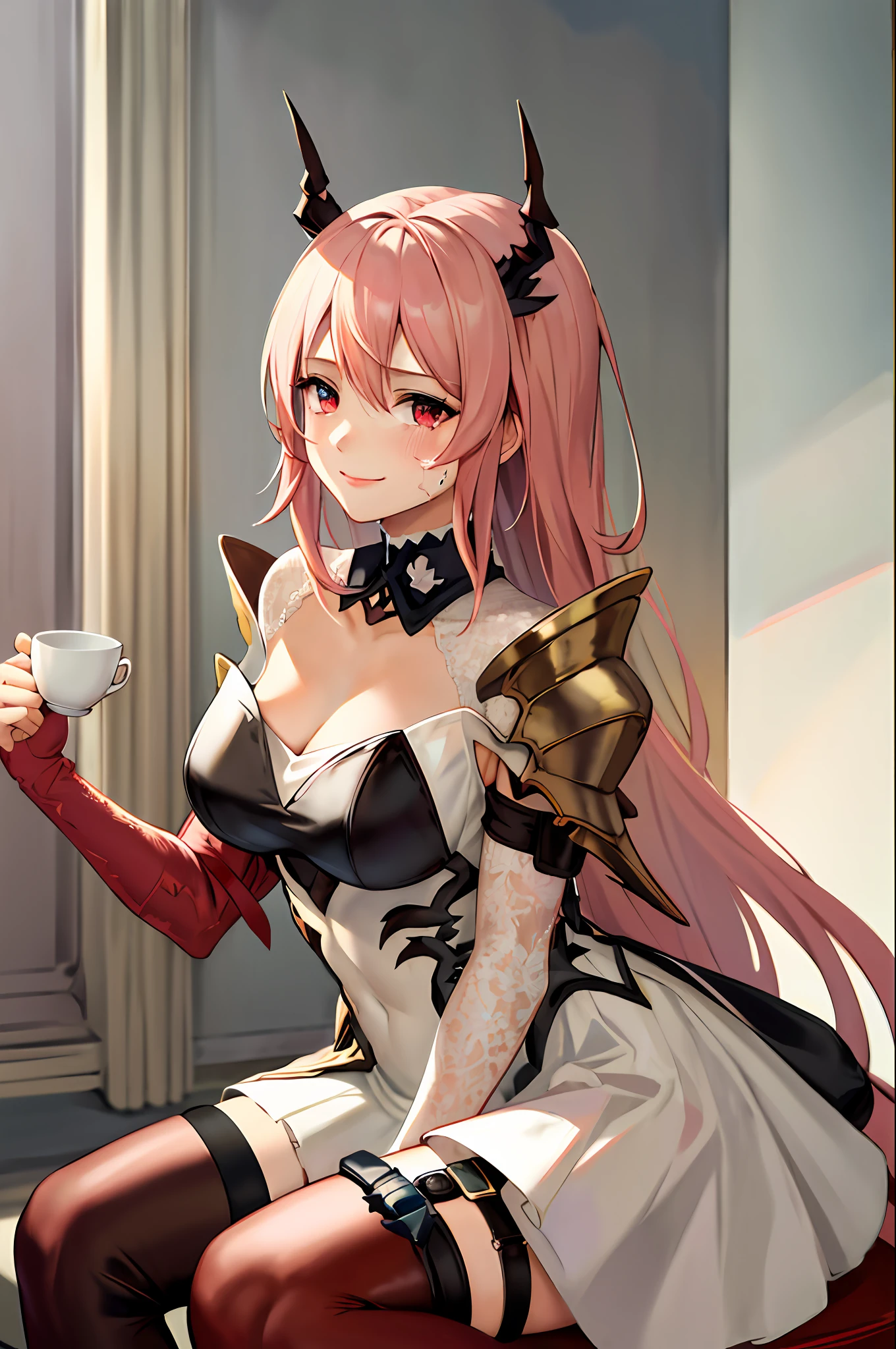 masterpiece, best quality, highres, 1girl, horns,(theresahead), (red eyes), (crying), white dress solo, shoulder armor, dress, very long hair, thigh strap, white dress, (holding big sword), (wearing steel greaves), (wearing steel gauntlets), (wearing chest plate), cleavage, pauldrons, white thighhighs, medium breasts, bangs, detached sleeves, elegantly sit on the chair, smiling, holding a cup of tea