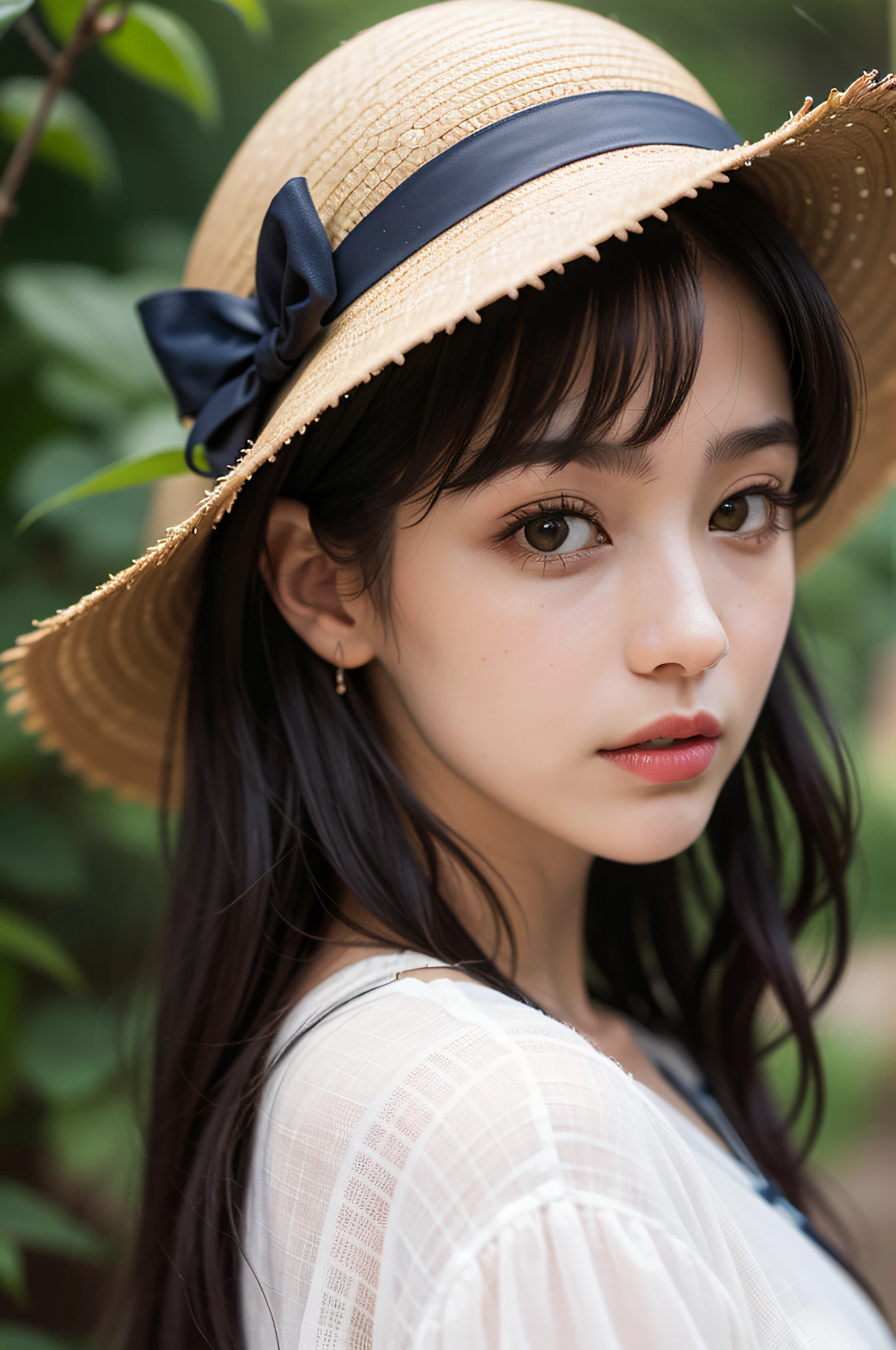 (Close-up: 1.5), (Facial Focus: 2), ((Side: 2)), (1 Girl Surrounded by soft_light:1.5), (Backlight: 1.8), (Lighting), (Flow Fabric: 1.3), (Floral_summer_dress: 1.5), (Straw_hat:1.3)), (Masterpiece), Realistic, HDR, Highly Detailed, 8k, Original Photo, Ambient Light Occlusion, Natural, Harmonious Composition, Warm Colors, fine art photography,