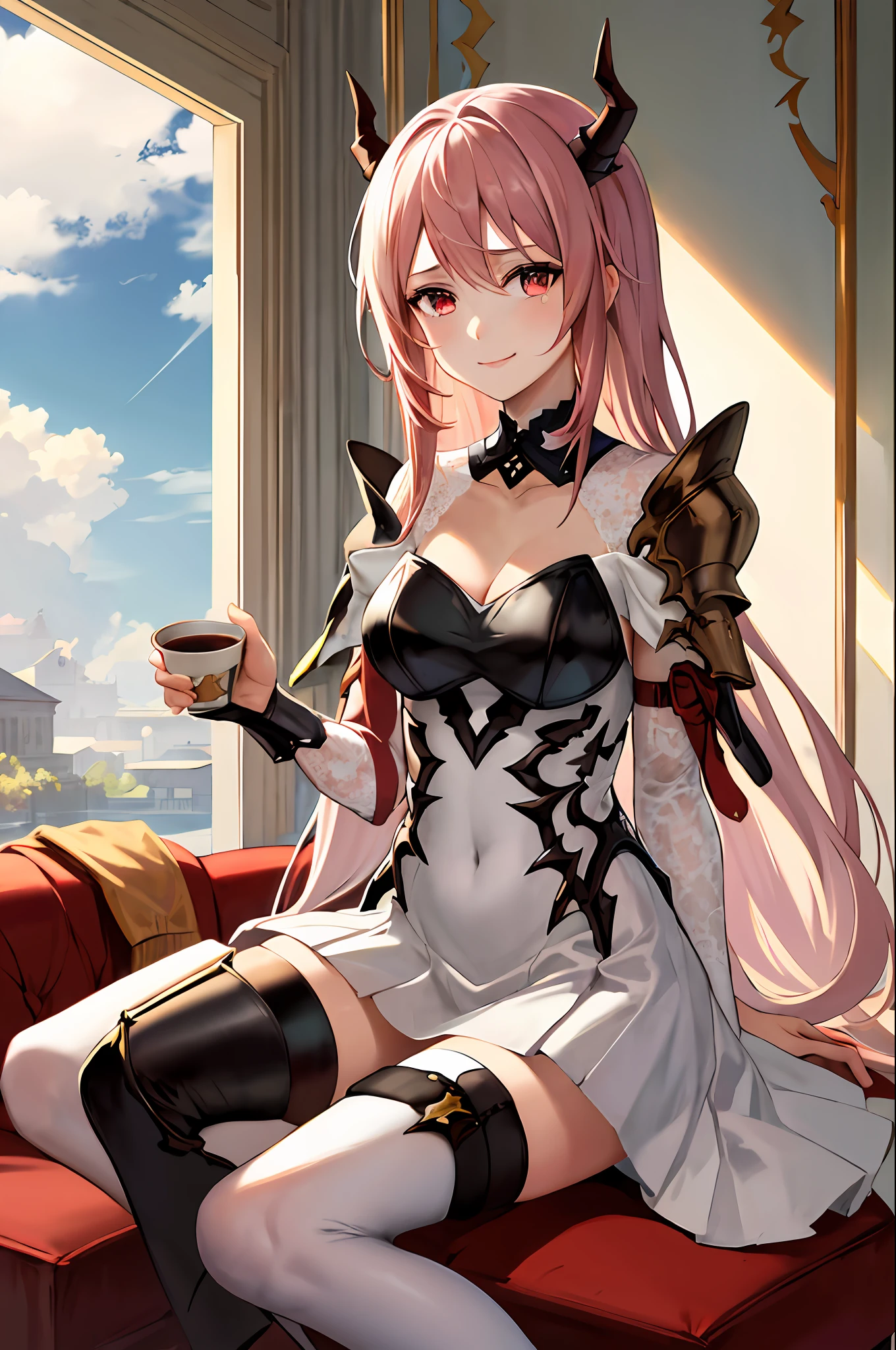 masterpiece, best quality, highres, 1girl, horns,(theresahead), (red eyes), (crying), white dress solo, shoulder armor, dress, very long hair, thigh strap, white dress, (holding big sword), (wearing steel greaves), (wearing steel gauntlets), (wearing chest plate), cleavage, pauldrons, white thighhighs, medium breasts, bangs, detached sleeves, elegantly sit on the chair, smiling, holding a cup of tea