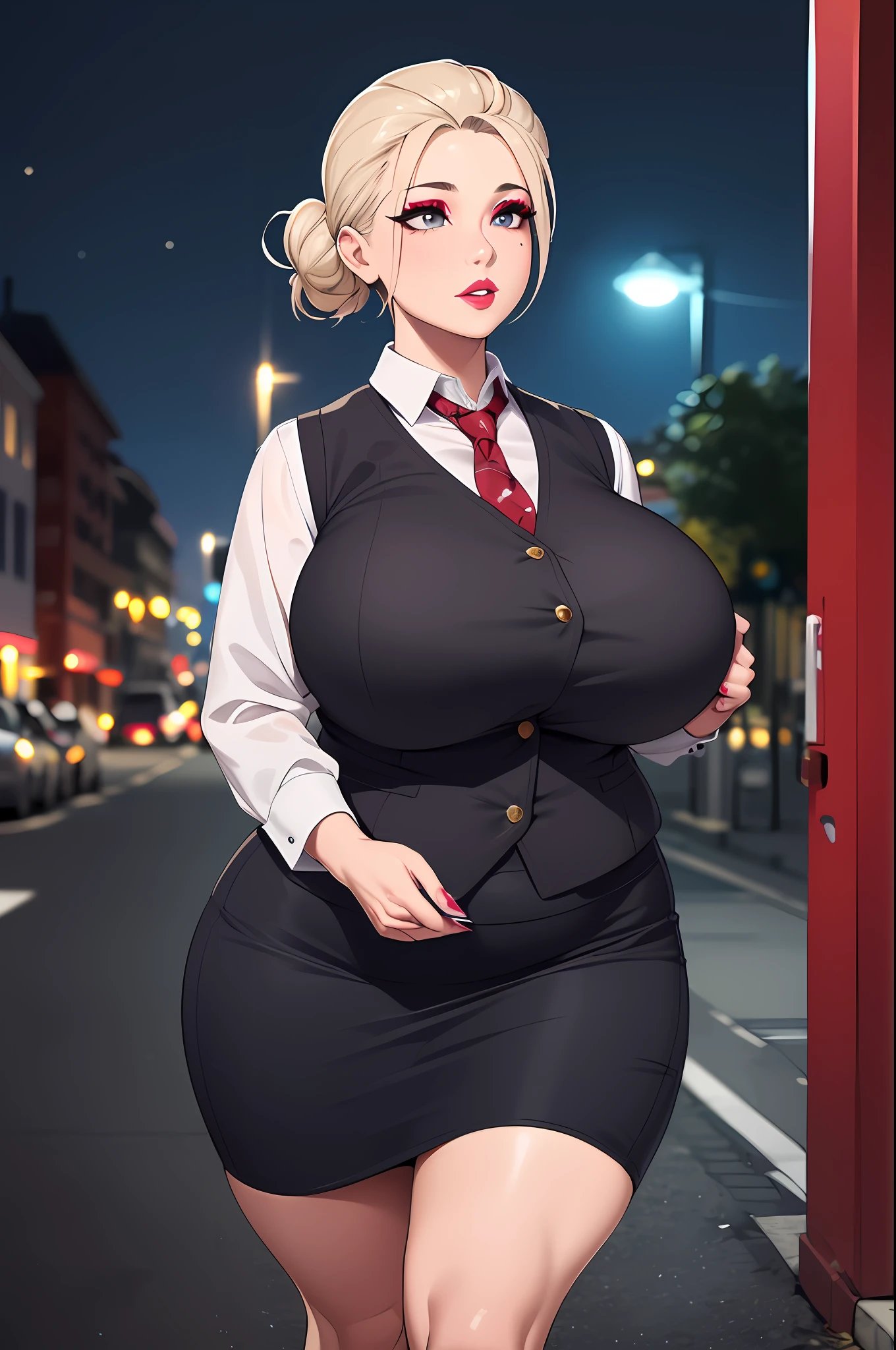(Masterpiece, Best Quality, High Quality:1.4), (professional artwork, extremely detailed girl:1.0), 8k, hyper realistic, cinematic lighting, night street, detailed eyes, perfect face, 1girl, (voluptuous, mature female, plump, large lips:1.2), wide hips, thick thighs, (wrinkles, flabby senile skin, heavy makeup, top heavy, bursting breasts:1.4), brunette hair, hair tied in a bun, (skindentation, vest, shirt, grey pencil skirt:1.0), long eyelashes, dark eyeshadow,