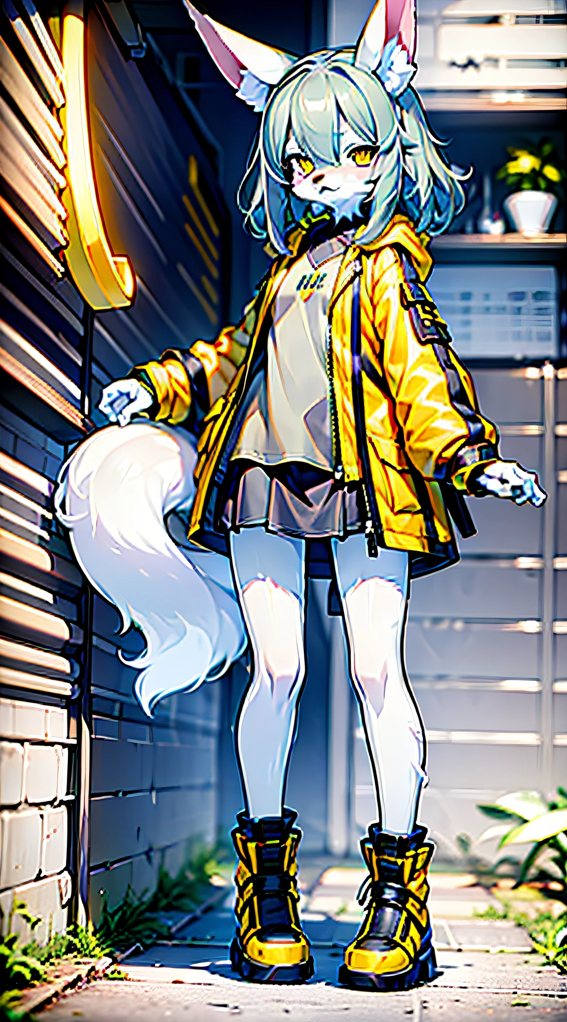 Furry girl,Hold a riot shield,Holding a hammer with a long handle,Partial distribution,whaite hair,Bangs cover the eyes alone,Big fox ears,black short skirt,emaciated,Trench coat,The expression is cold,chilly,adolable,largeeyes,with short black hair,White Skin Skin,The shape of the face is pronounced but curved。