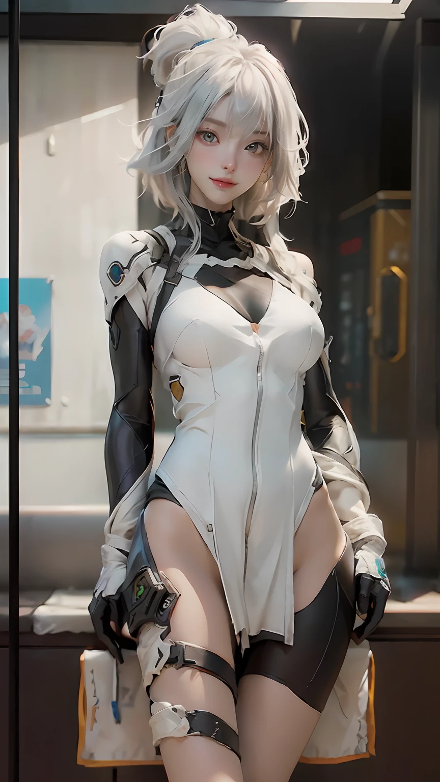 ((best qualtiy)), ((tmasterpiece)), (the detail:1.4), 3D, A beautiful cyberpunk female image,Wear white,White color hair,bare arm,emphasizing thighs,Exposing the skin of the legs,soft thighs,Glossy thighs,full bodyesbian,ssmile,Just look at the viewer HDR(HighDynamicRange),Ray traching,NVIDIA RTX,Hyper-Resolution,Unreal 5,Subsurface scattering、PBR Texture、post-processed、Anisotropy Filtering、depth of fields、maximum definition and sharpness、Many-Layer Textures、Albedo e mapas Speculares、Surface coloring、Accurate simulation of light-material interactions、perfectly proportioned、rendering by octane、Two-colored light、largeaperture、Low ISO、White balance、the rule of thirds、8K raw data、