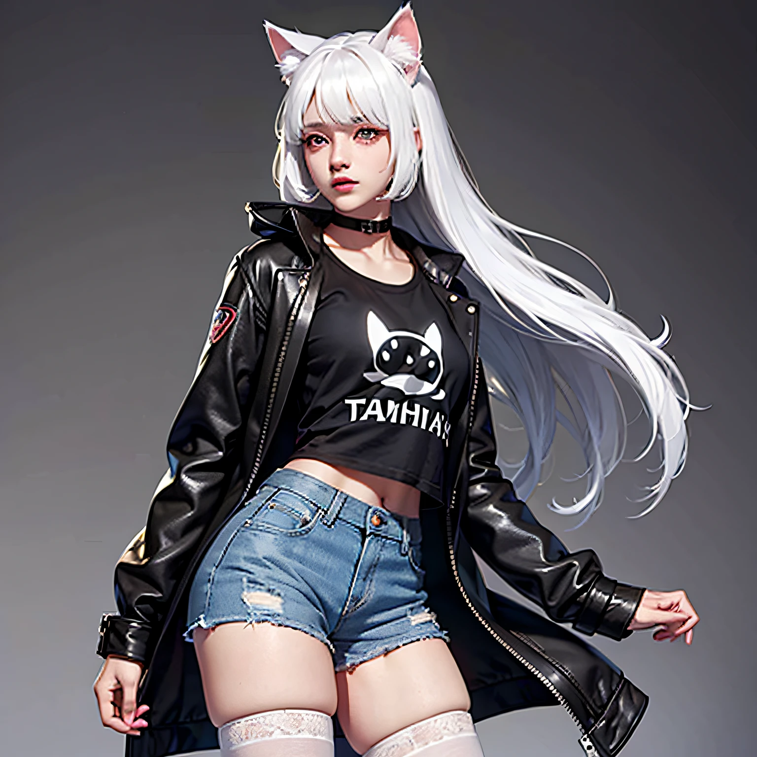 White hair,Cat ears,red pupils,Hip-hop black coat,White loose T-shirt,s girl,black lence stockings,denim hot-pants --auto