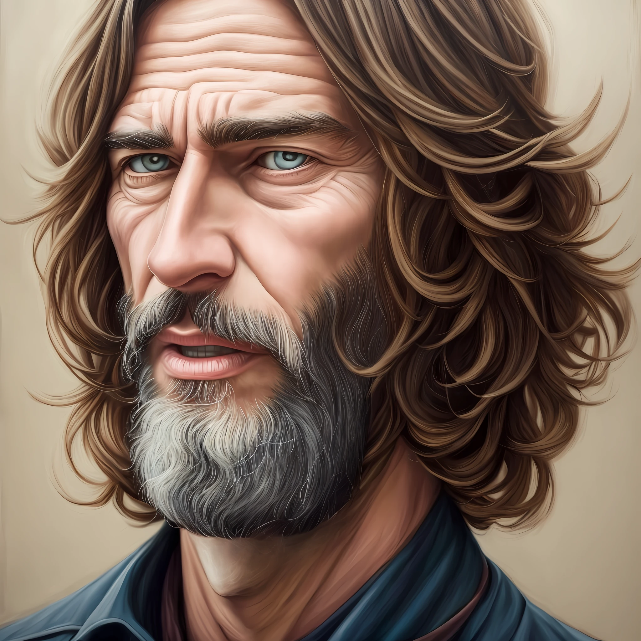 um desenho de um homem com barba e jaqueta, estilo de arte realista, Cinematic realistic portrait, estilo de arte realista, Epic portrait illustration, realismo artstyle, irreal 5. retrato de rpg, estilo de arte fotorrealista, arte de anime realista, Realistic portrait, retrato detalhado do caractere, retrato de alta qualidade, retrato ultra realista, retrato da arte do personagem, pintura digital realista --auto