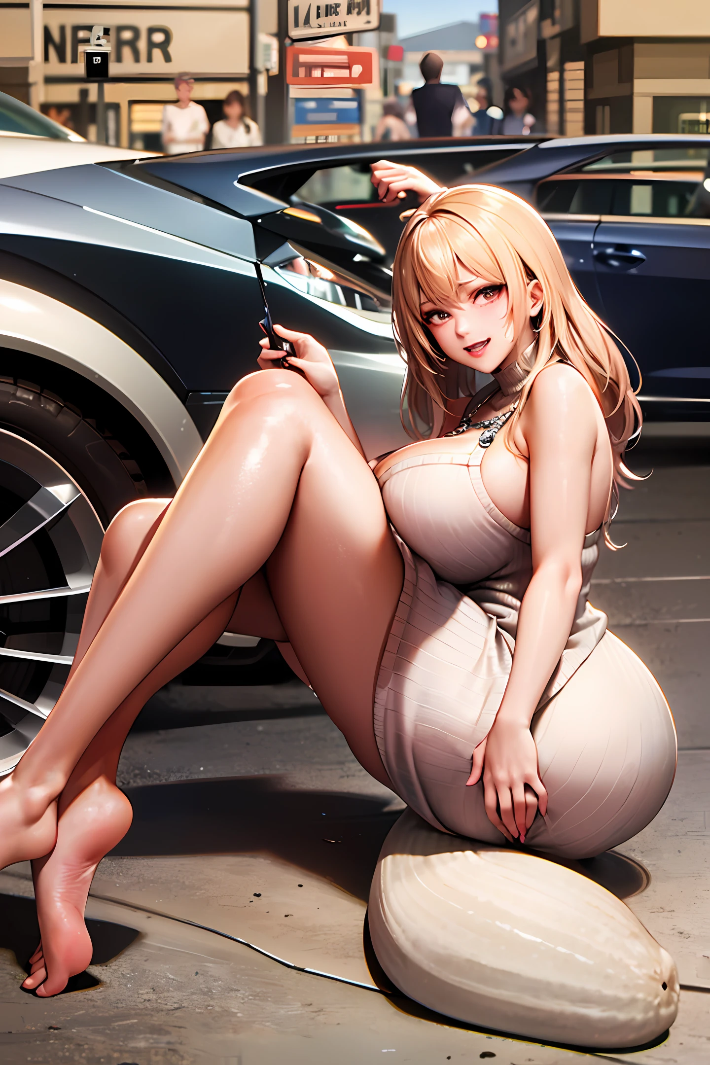 nakeness(best qualtiy, 8k, tmasterpiece:1.3)), Focus:1.2, perfect figure beautiful woman:1.4, Cocked buttocks:1.2, ((Exquisite Hair)), (sweaterdress:1.1) , (Sports car, street: 1.2), Highly detailed facial and skin texture, A detailed eye, 二重まぶた,Whiten skin,huge tit,ssmile,Wear a necklace,gyuru,People sit in cars and their asses,