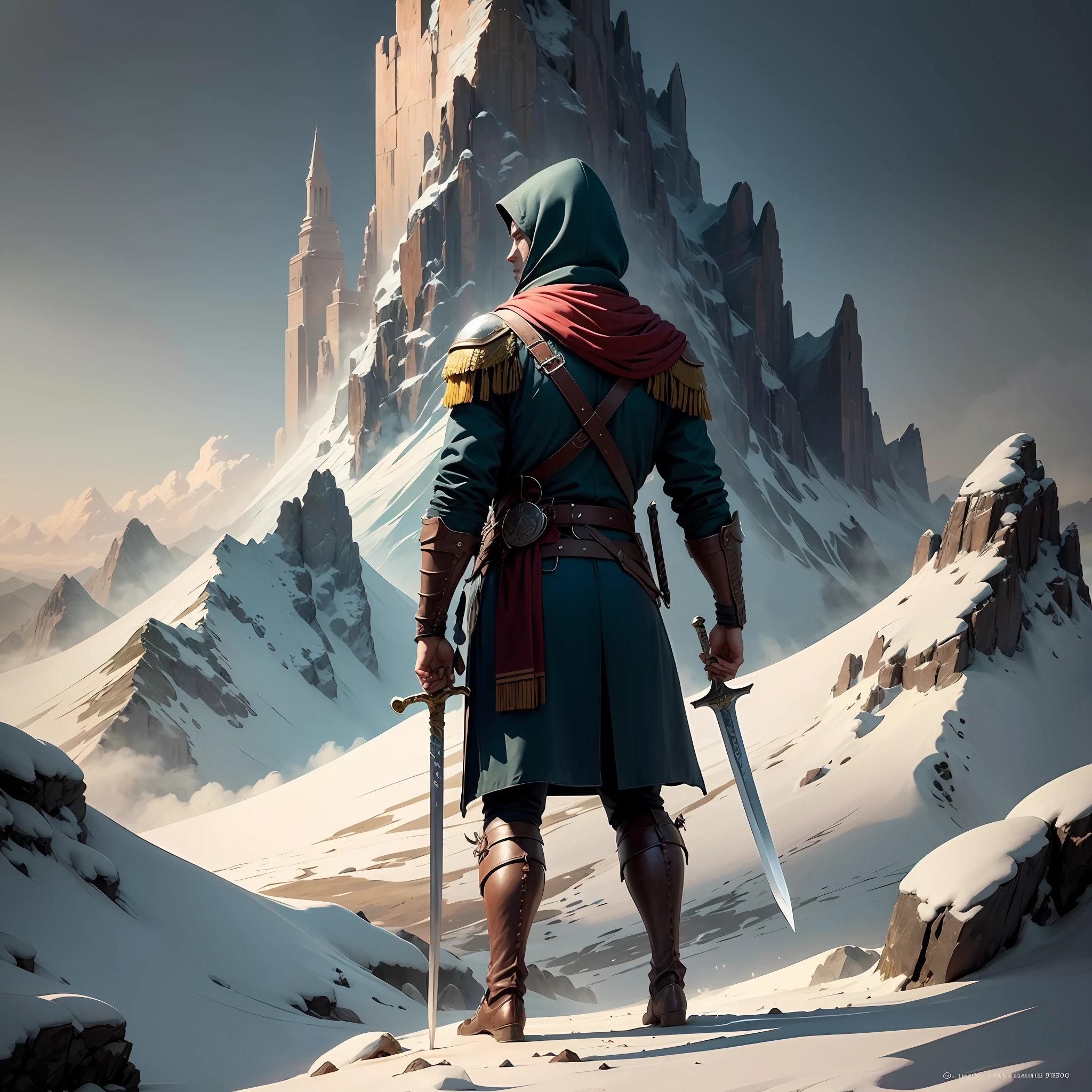 Open,Mountain peaks overlap,1 man standing on a peak,Sword in hand --auto