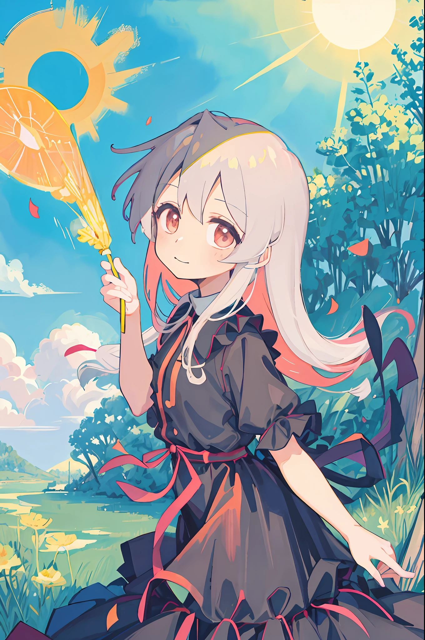 anime girl in a field of flowers with the sun shining, loli in dress, white-haired god, watching the sunset. Anime, from touhou, Official anime artwork, anime visual of a cute girl, Anime art wallpaper 8 K, offcial art, High Quality Anime Art Style, anime moe art style, cute anime waifu in a nice dress