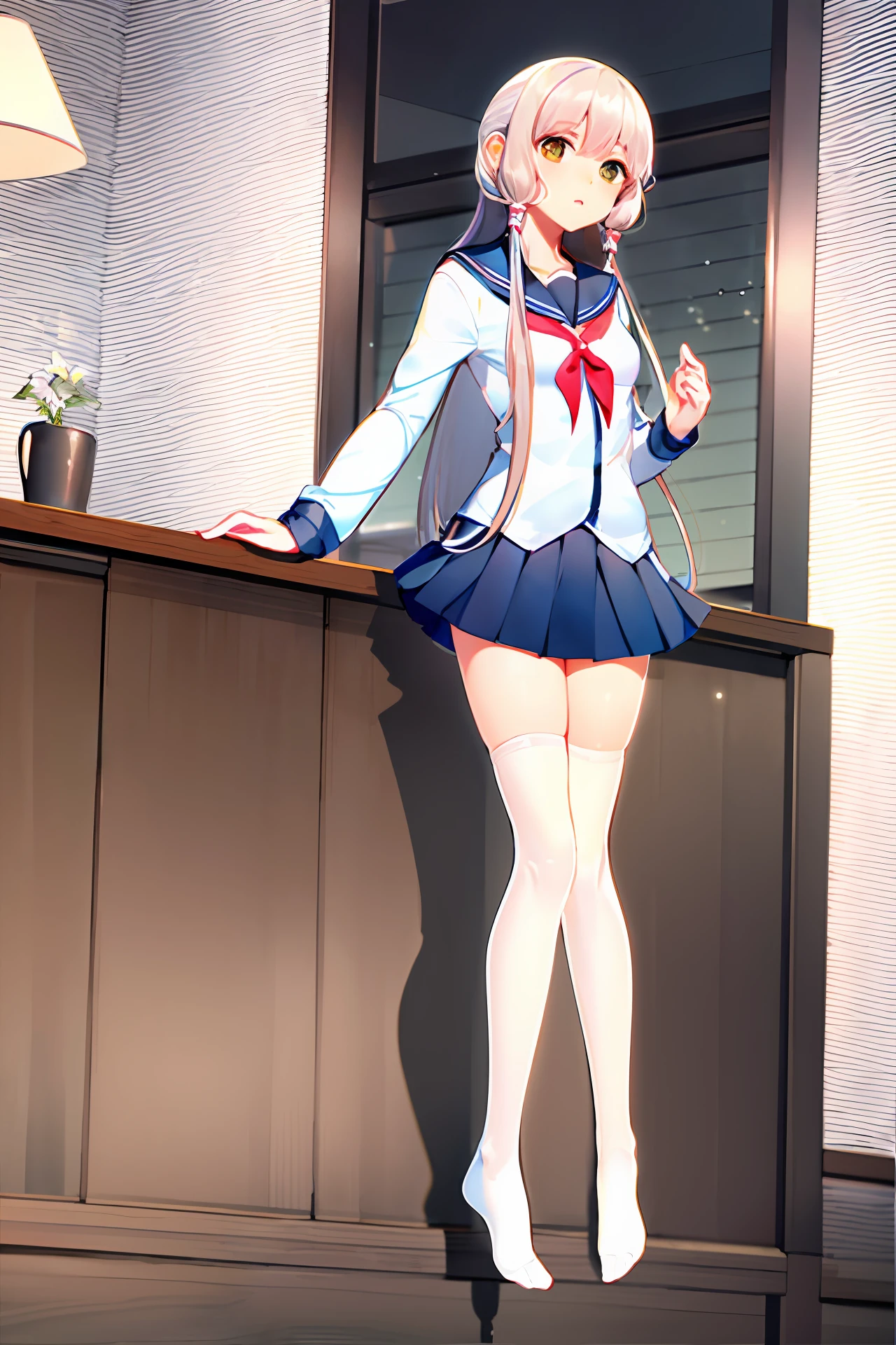 White stockings, sailor suit, miniskirt, topless