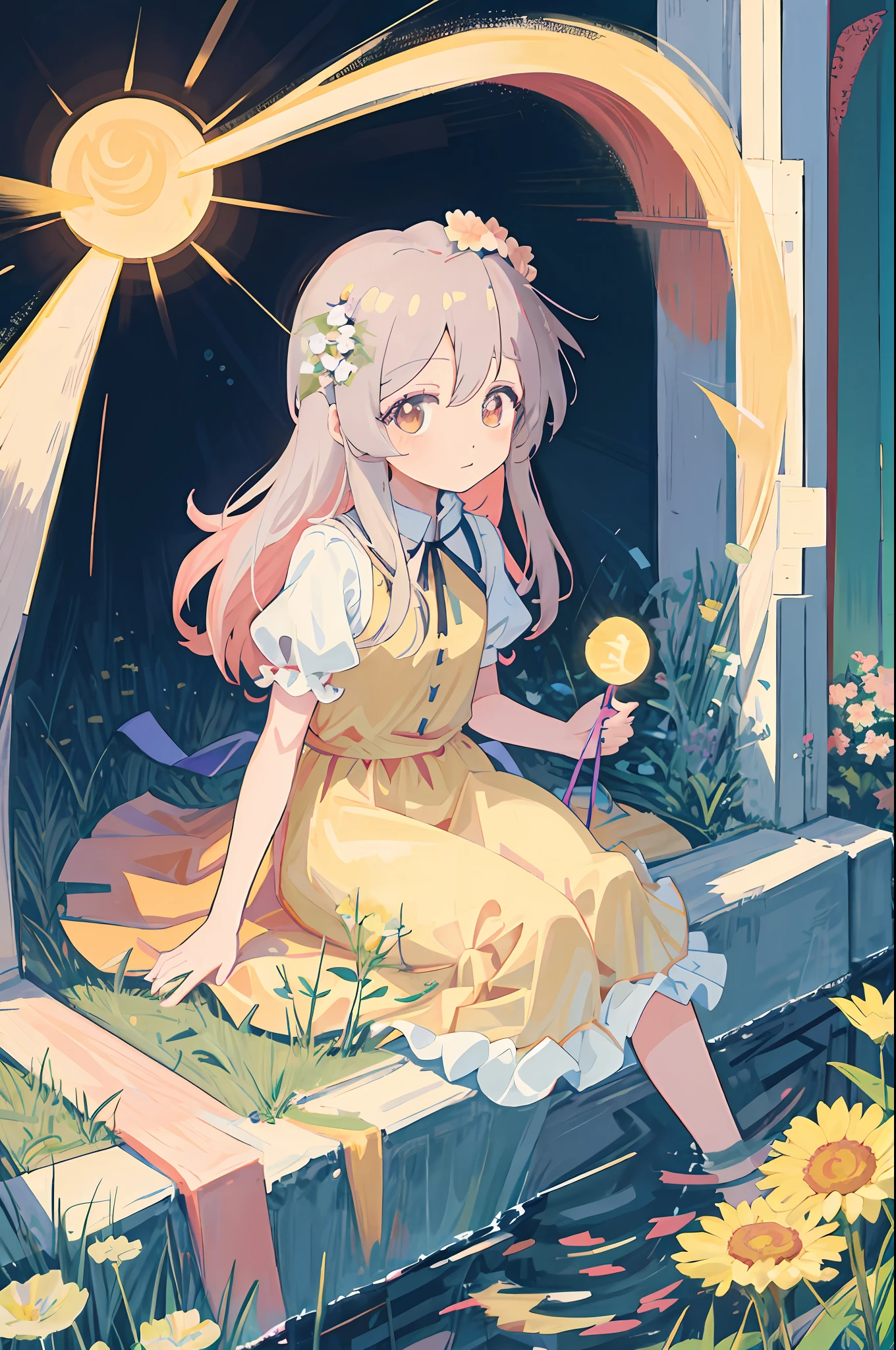anime girl in a field of flowers with the sun shining, in dress, white-haired god, watching the sunset. Anime, from touhou, Official anime artwork, anime visual of a cute girl, Anime art wallpaper 8 K, offcial art, High Quality Anime Art Style, anime moe art style, cute anime waifu in a nice dress