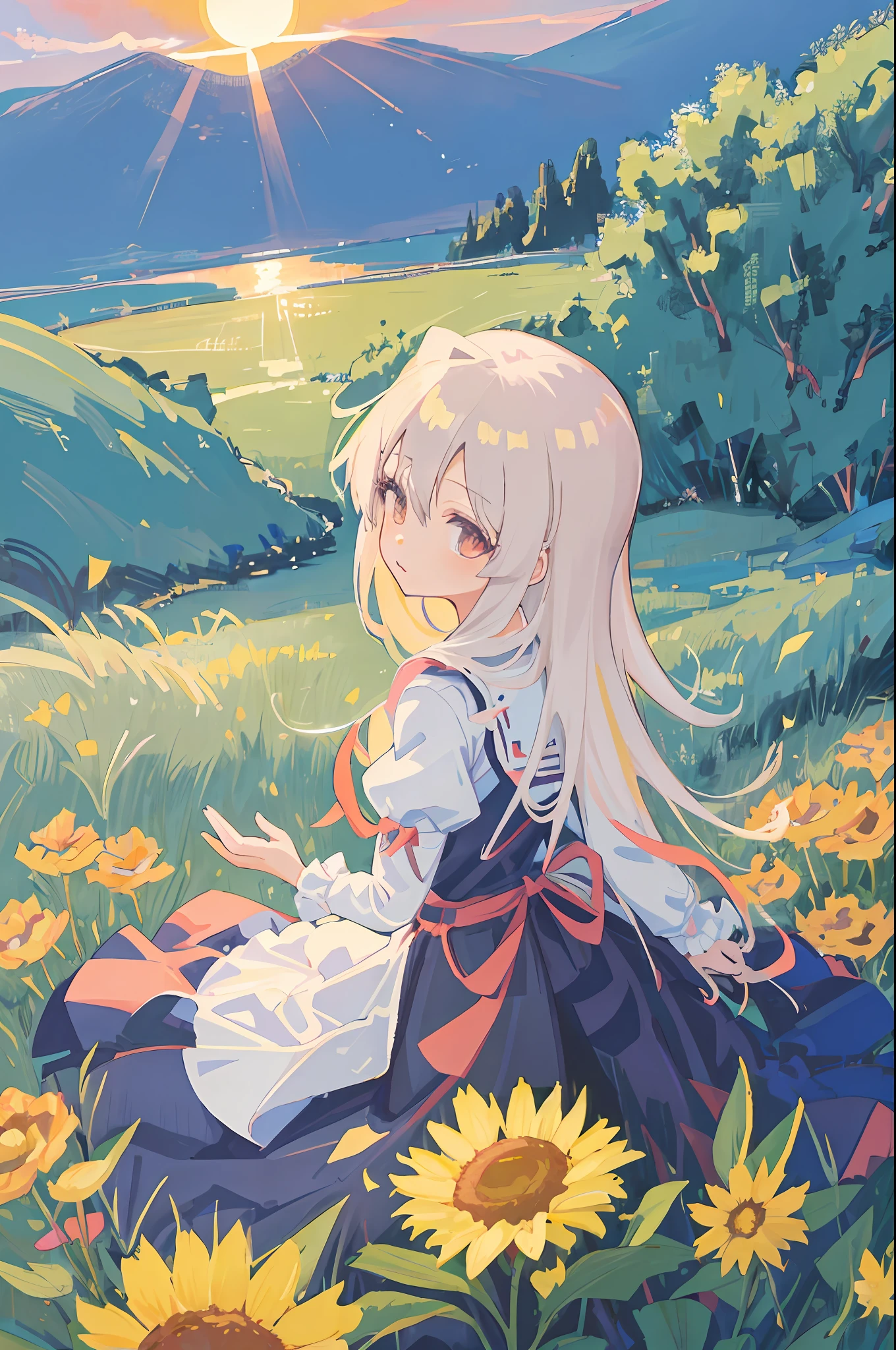 anime girl in a field of flowers with the sun shining, loli in dress, white-haired god, watching the sunset. Anime, from touhou, Official anime artwork, anime visual of a cute girl, Anime art wallpaper 8 K, offcial art, High Quality Anime Art Style, anime moe art style, cute anime waifu in a nice dress