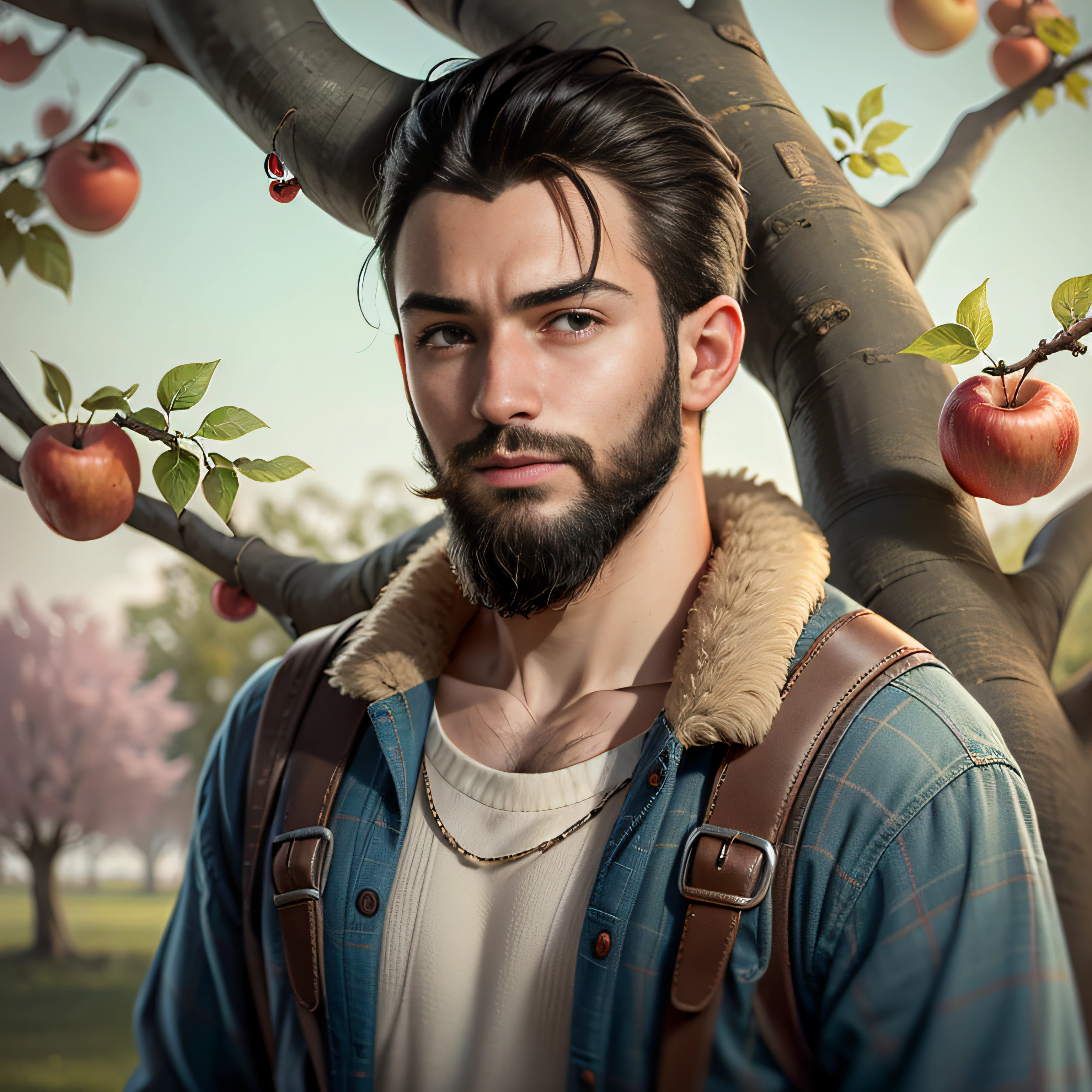 Young man with standing beard, near an apple tree, irritado