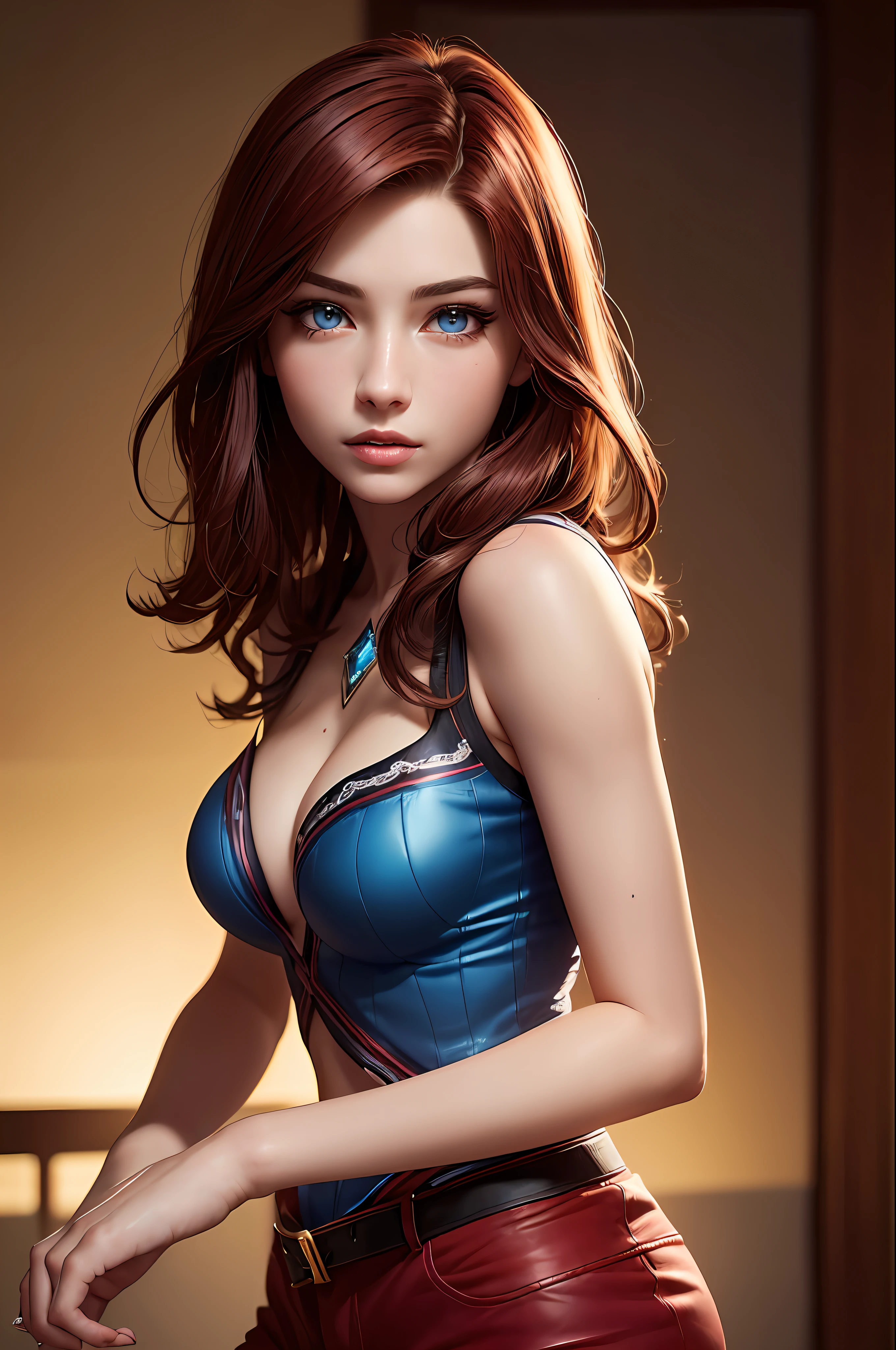 high quality fingers, normal hands, detailed fingers,masterpiece, (realistic, photo-realistic:1.37), (22 years old woman), katarina from league of legends, medium breast, small waist, dark red hair, blue eyes, beautiful face, perfect illumination, beautiful detailed eyes,looking at viewer, stunningly beautiful woman, detailed hairstyle, detailed background,shorts, detailed fantasy background, (sweat:1)