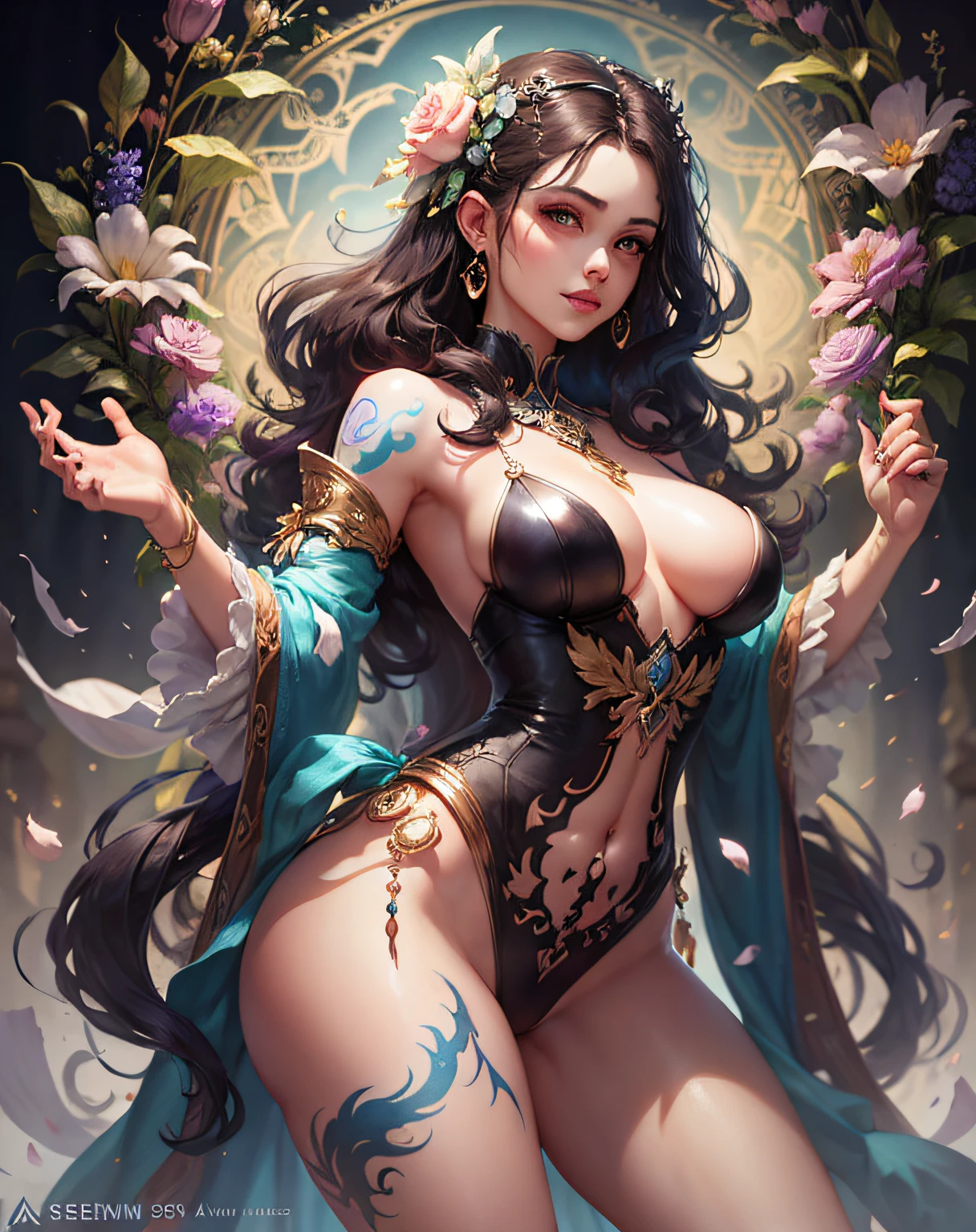 lisa frank art color, cuerpo completo, full body, senos grandes, nalgas grandes, mujer, multicolored long hair, multicolored aurora, art face by tom bagshaw, emile vernon style, fullbody dynamic movement pose, beautiful woman with long hair, gold jewellery, oil painting, fantasy, intricate, intricate stunning highly detailed girl by artgerm and edouard bisson, beautiful elegant, fantasy, flowers, forest, highly detailed, digital airbrush, photorealistic, octane render, black hair, black lips, gothic, rapunzel cabellos largos, cabellos largos dorados, cabellos largos color oro, pelo largo, digital painting, soft skin wide eyes watercolor, style, sketch, watercolor paiting, watercolor artist, portrait of a girl, vintage cartoon, ghibli, artgerm, wlop, alphonse mucha dynamic lighting hyperdetailed intricately detailed splash art trending on artstation triadic colors unreal engine 5 volumetric lighting, Transparent clothing, slight smile,, open legs, view of pubic hair, 1 sexy girl in transparent forest clothes,exposed breasts, open transparent t-shirt,mandala and flower tattoos, La mejor calidad,