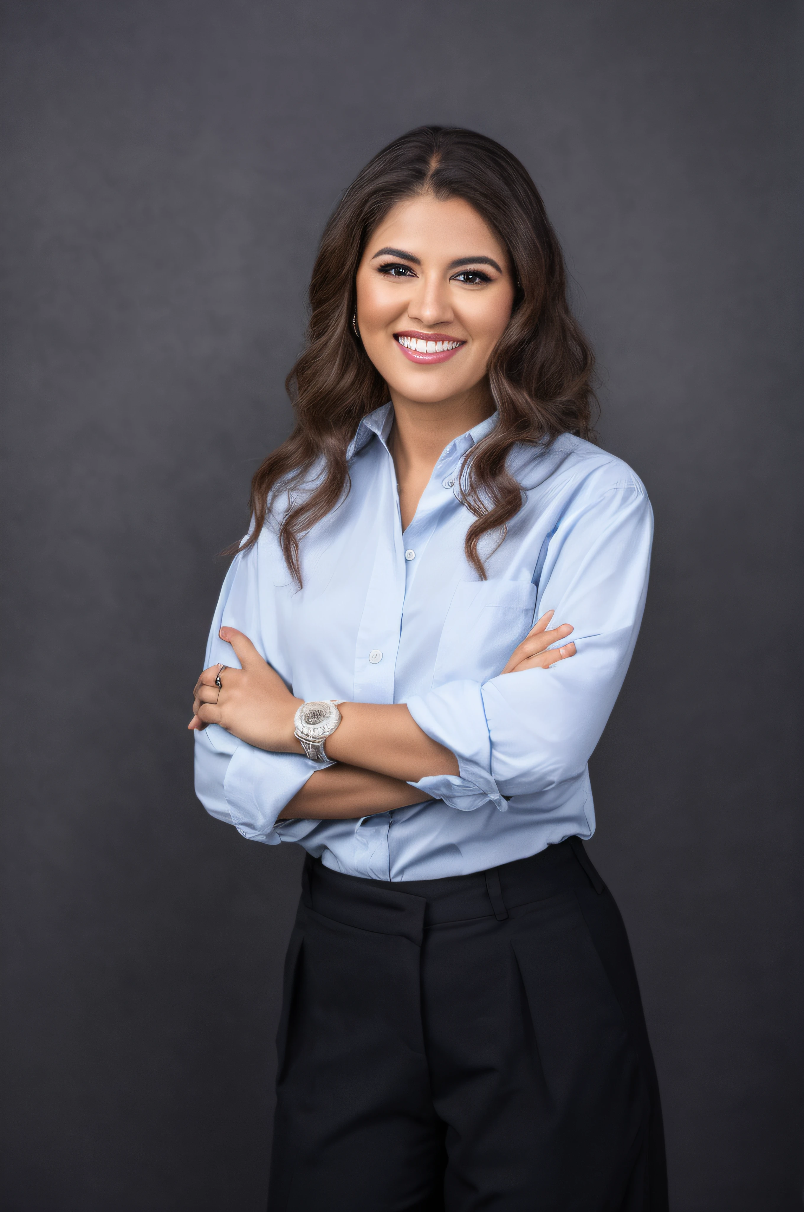 smiling woman sitting on a chair with her arms crossed, promotional portrait, professional portrait, julia fuentes, professional portrait photograph, professional portrait photograph, portait image, headshot portrait, alanis guillen, karla ortiz, professional profile photo, professional headshot, professional corporate portrait, viktoria gavrilenko, christina kritkou, professional close-up portrait, studio portrait photo