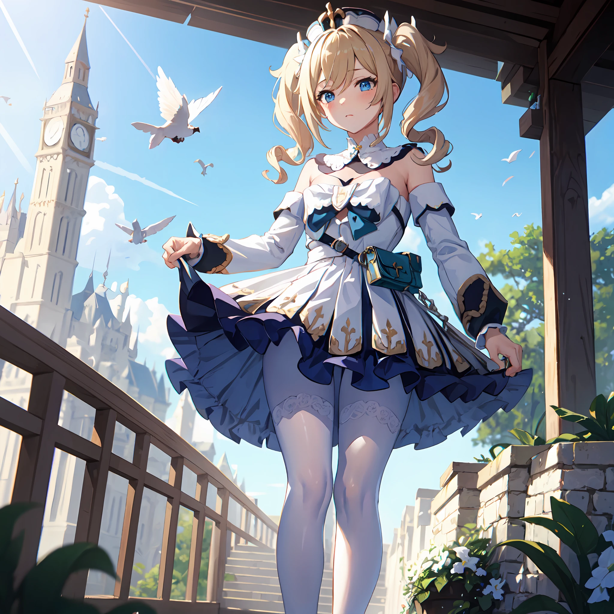 masutepiece, Official art, barbaradef, 4K, 1girl, Solo, bird's eyes view, long hair, up skirt, plein air, (White pantyhose), blush, Shy, ecstasy, Walking, From below, cute butt, Lori, , POV, low angle shot, back angle shot, Fantasy, citadel, (((Best Quality))), ((Ultra-detailed)), (Illustration), ((extremely delicate and beautiful))