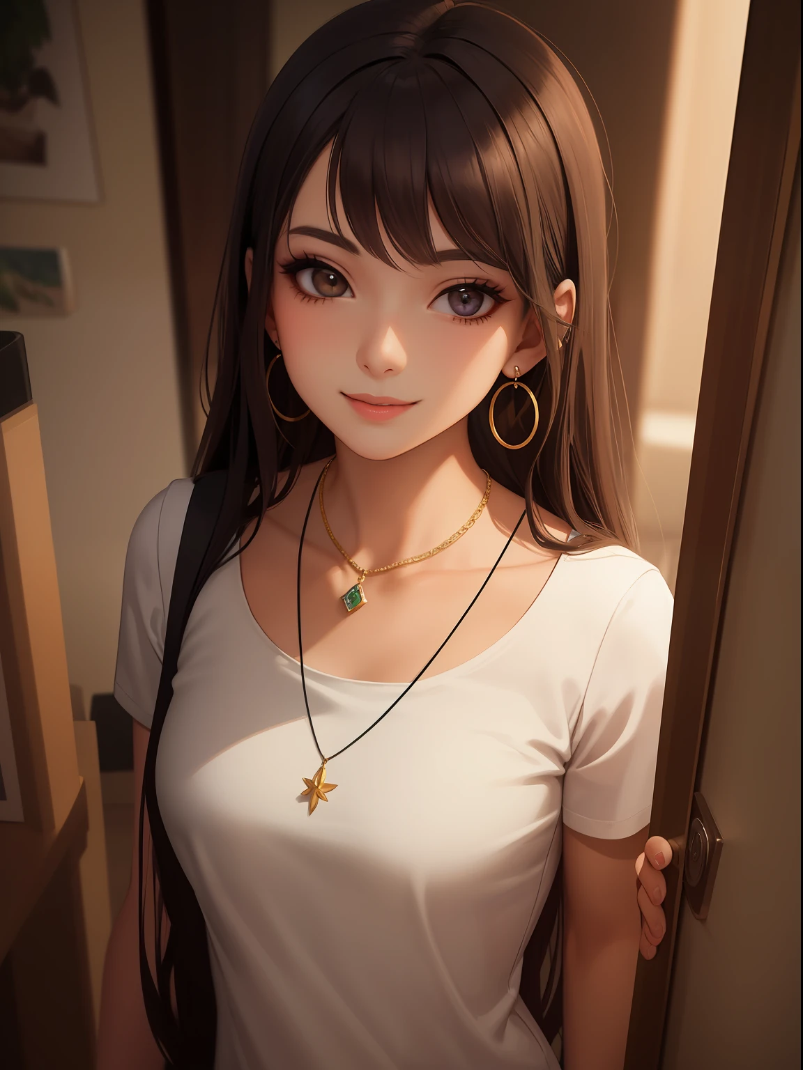 1girl, (2d painting), ((standing)), (medium shot of a girl smiling), nose piercing, makeup, necklace, earrings, drop shadow, official art, ultra-detailed, aesthetic, masterpiece