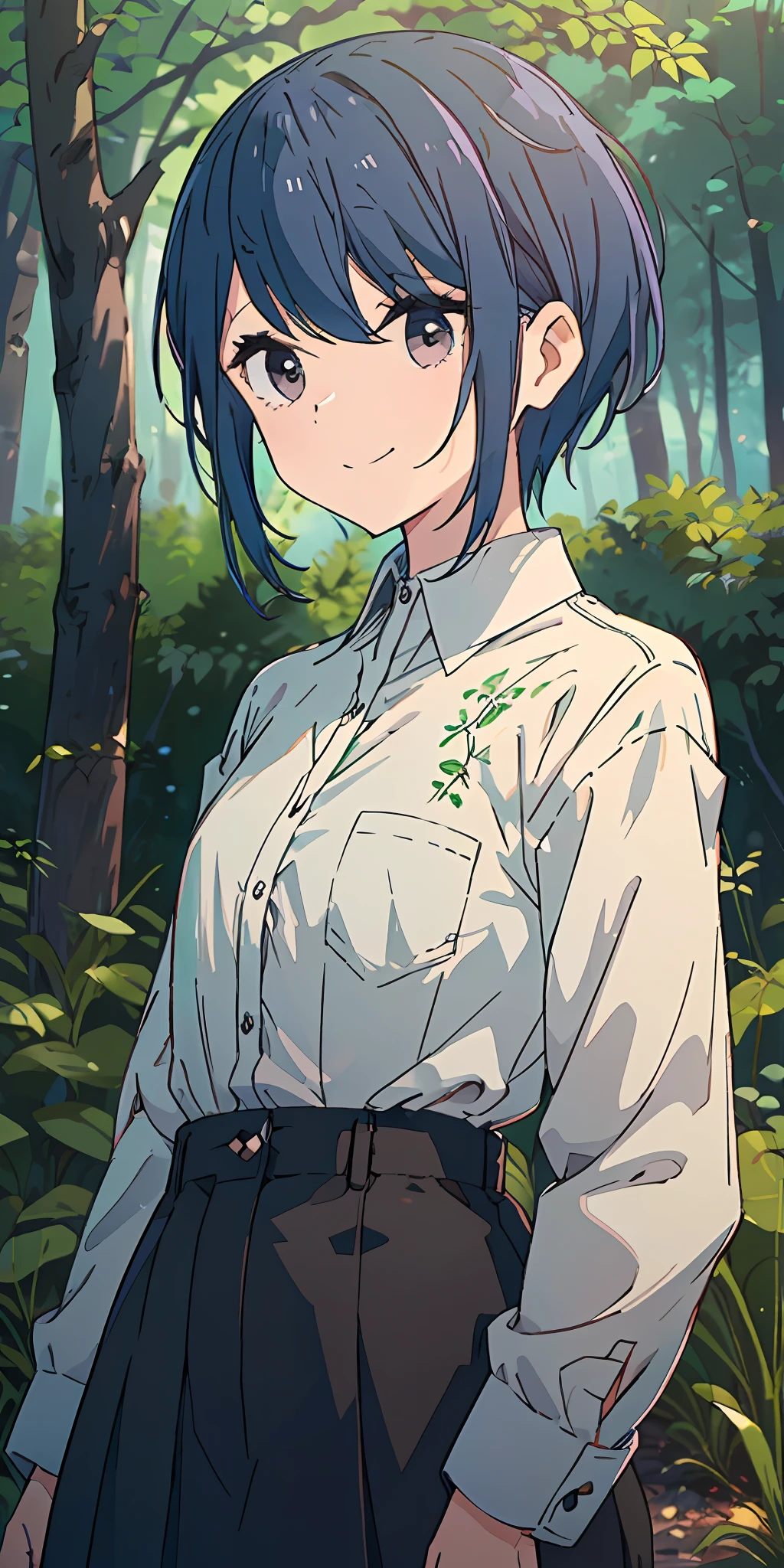 （tmasterpiece，best qualtiy，adolable，simplicity，First love），at a forest，In a white blouse shirt，dual horsetail，Take my hand，With a smile，florals，Bright double eyes