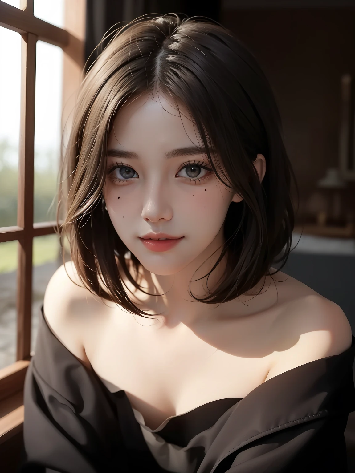best qualtiy, tmasterpiece, 超高分辨率, (realisticlying,photographrealistic:1.3), RAW photogr, 1girll, bshoulders, in the darkness nigth, deep shading, low tune, cold light, Sexy look, bob-cut hair,European and American style,Black off-the-shoulder dress,Tiger Tooth,Light smile,Moles under eyes,Royal Sister,Brown pupils,Very detailed eyes