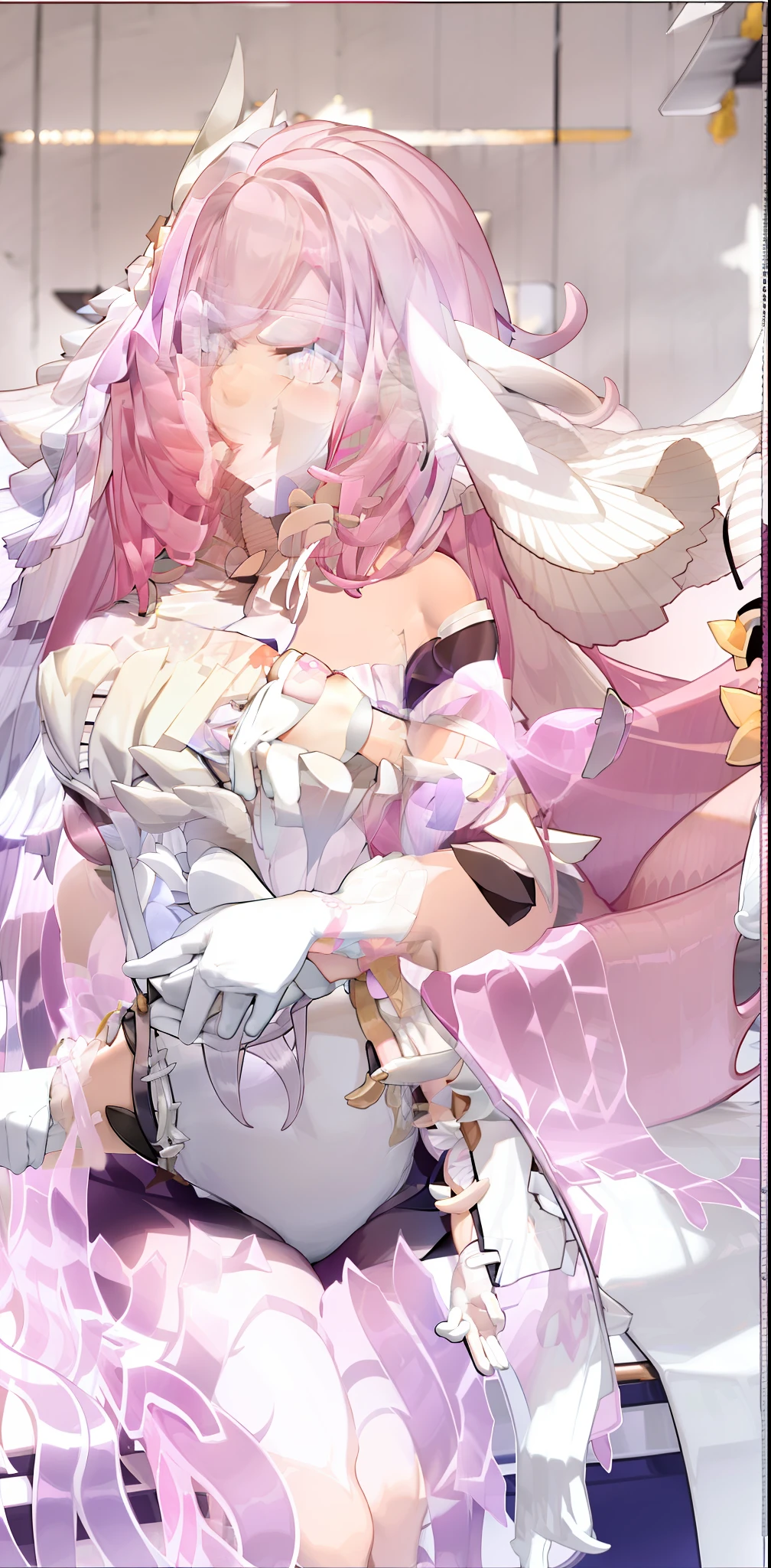 White silk slim girl
Shawl Pink hair Purple bow and arrow Sea background White dress White head flower Alicia