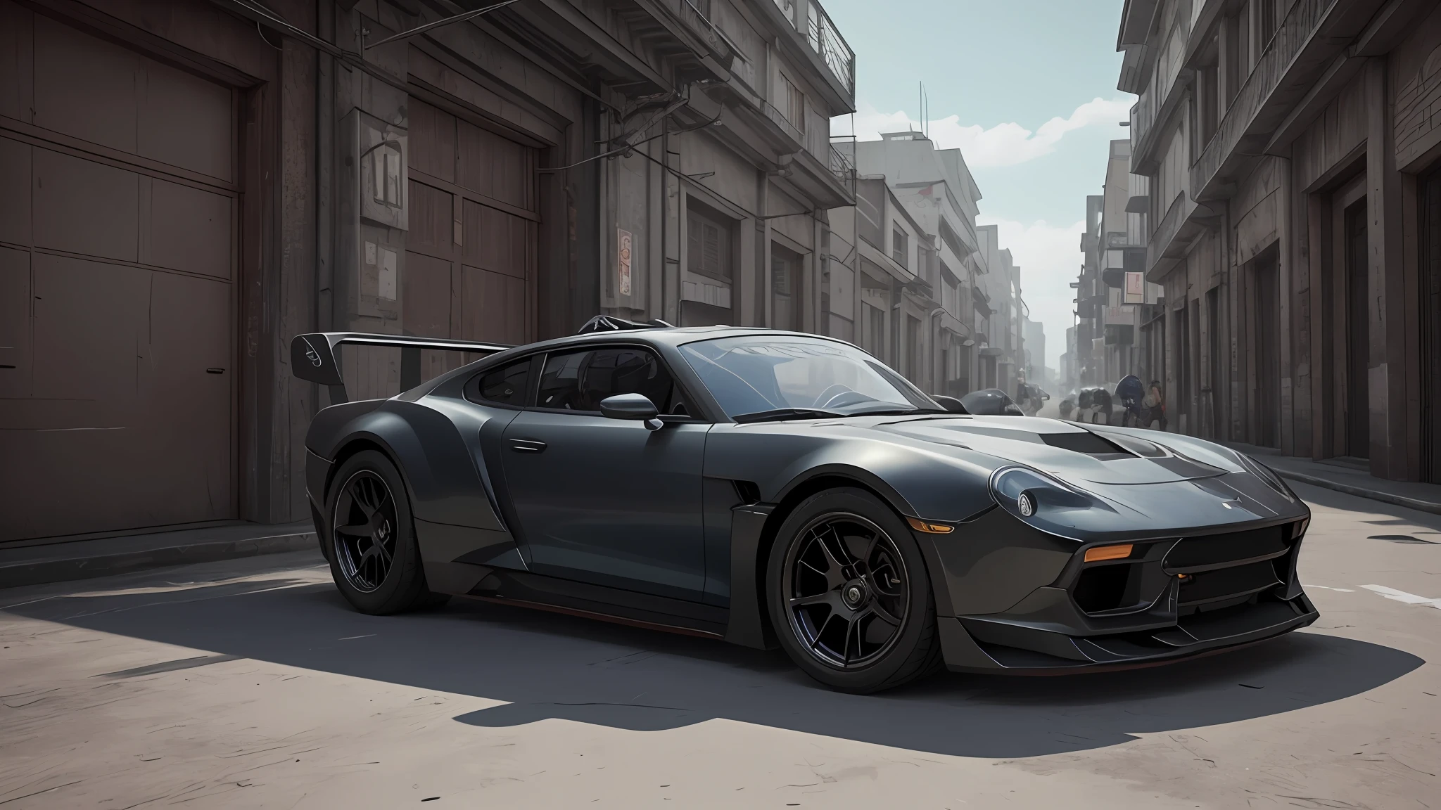 Foto profissional de um carro ((Dardo Dogde))futuristic tuner with multiple modifications, pintura (Preto Brilhante), Estacionado, cybernetic hood, cyber car parts, (exotic headlights), Mad-Max, motor v8, soprador, front pop up headlights, futurista, mods de carro, spoiler, scientific fiction, sci-fi landscape, noite, Luz Natural, Cyberpunk, cidade futurista, cidade Cyberpunk, neon signs, (altamente detalhado), (fundo altamente detalhado), Various buildings in background, texturas detalhadas, Grande Angular, 8k, HDR, photoshoot profissional, foto de alta qualidade, Foto realista, Sombras realistas, sombras detalhadas, Realistic proportions, photographed with a Sony a9 II Mirrorless camera, grain of film, foto crua, physics based rendering, cores vibrantes, imagem premiada, (color particles).