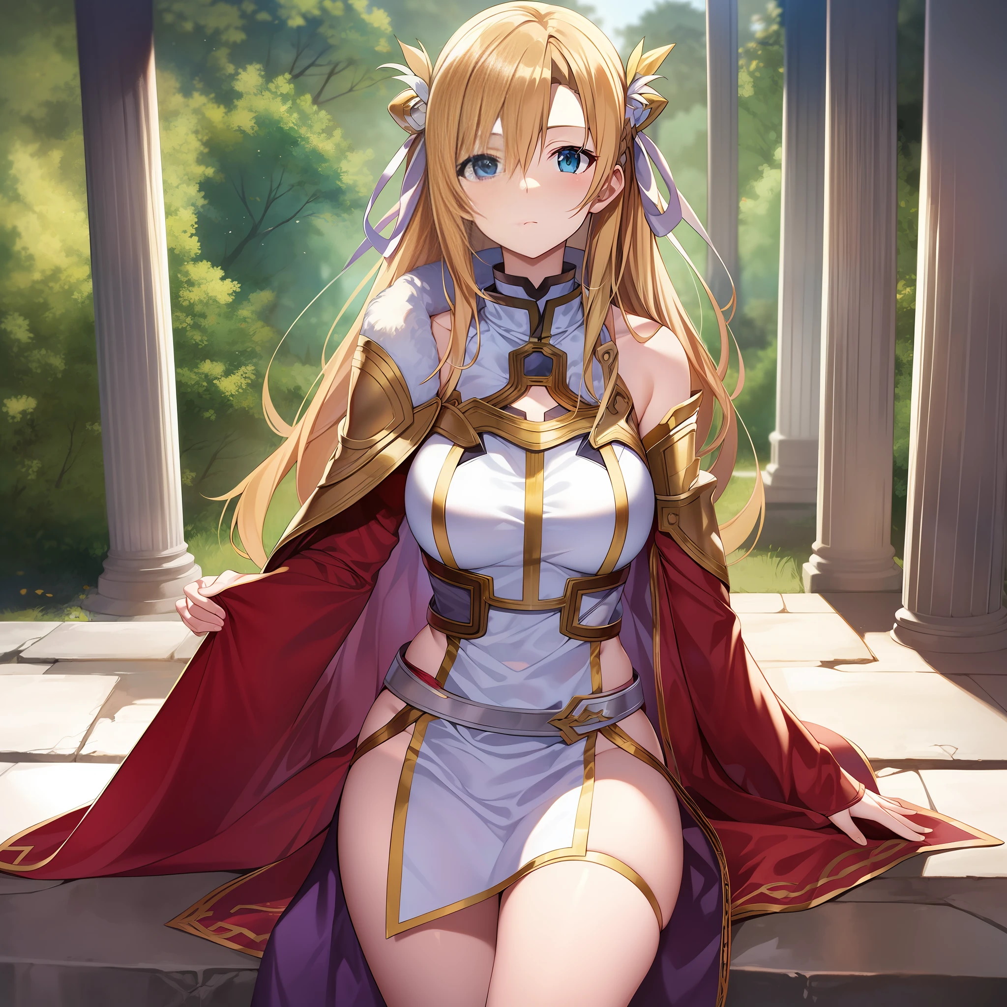 Asuna in Sword Art Online,Golden hair,Lower body with bare legs,Behind him stood Kirito,Highest quality work,a beauty girl,A coquettish expression