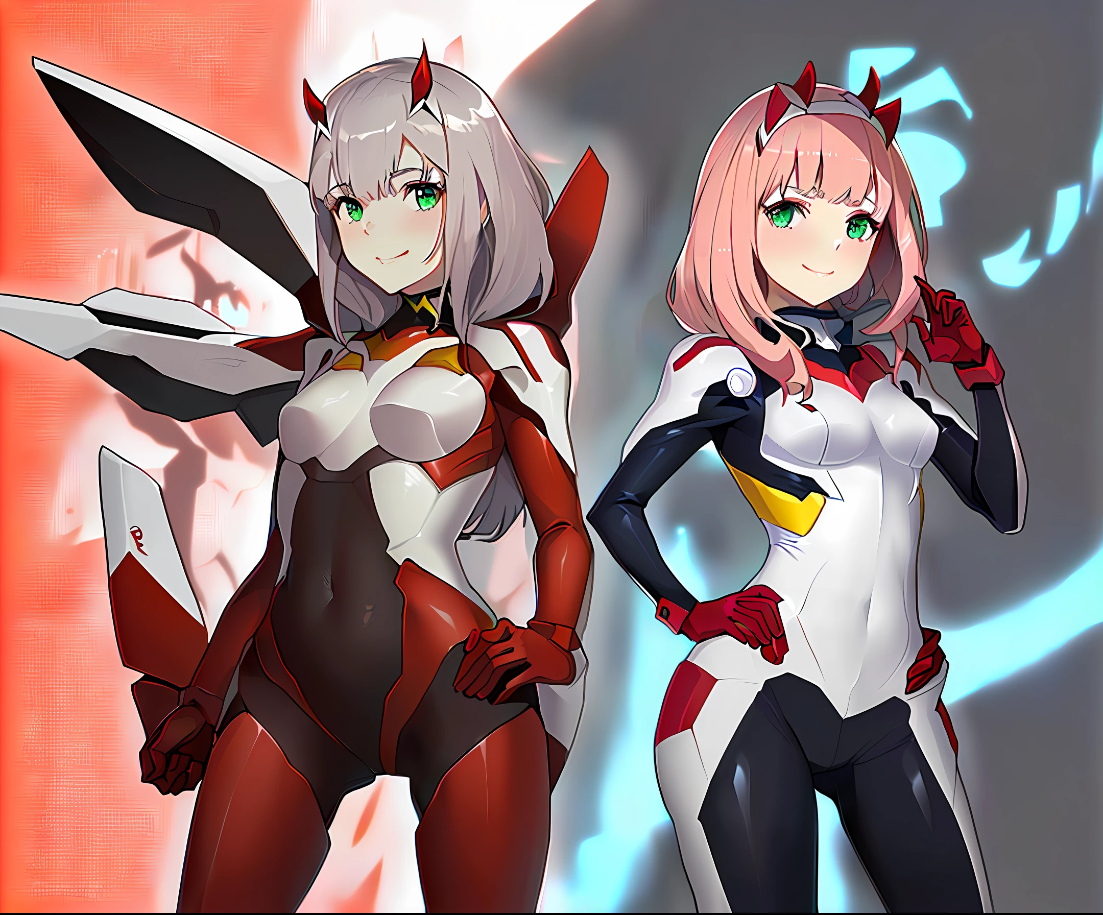 zero two \(darling in the franxx\), darling in the franxx, 1girl, bangs, biting, blush, covered navel, eyeshadow, green eyes, hair behind head, hand on hip, horns, smile, long hair, looking at viewer, makeup, medium breasts, pilot suit, red suit, pink hair, red eyeshadow, science fiction, skin tight, solo