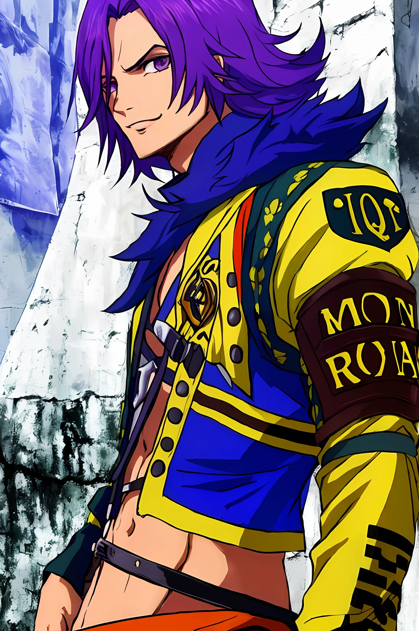 (((melhor qualidade))), ((obra-prima)), grading:seguro,adulto, a man with long purple hair standing with his arms crossed, ombreiras, cabelo roxo, cabelo longo, ((cabelo cacheado roxo)), corpo inteiro, foco masculino, 1boy, fundo simples, (((foco no rosto))), ((((sorriso sereno))))