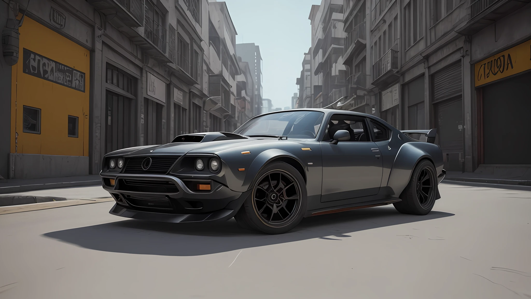 Foto profissional de um carro ((Dardo Dogde))futuristic tuner with multiple modifications, pintura (Preto Brilhante), Estacionado, cybernetic hood, cyber car parts, (exotic headlights), Mad-Max, motor v8, soprador, front pop up headlights, futurista, mods de carro, spoiler, scientific fiction, sci-fi landscape, noite, Luz Natural, Cyberpunk, cidade futurista, cidade Cyberpunk, neon signs, (altamente detalhado), (fundo altamente detalhado), Various buildings in background, texturas detalhadas, Grande Angular, 8k, HDR, photoshoot profissional, foto de alta qualidade, Foto realista, Sombras realistas, sombras detalhadas, Realistic proportions, photographed with a Sony a9 II Mirrorless camera, grain of film, foto crua, physics based rendering, cores vibrantes, imagem premiada, (color particles).