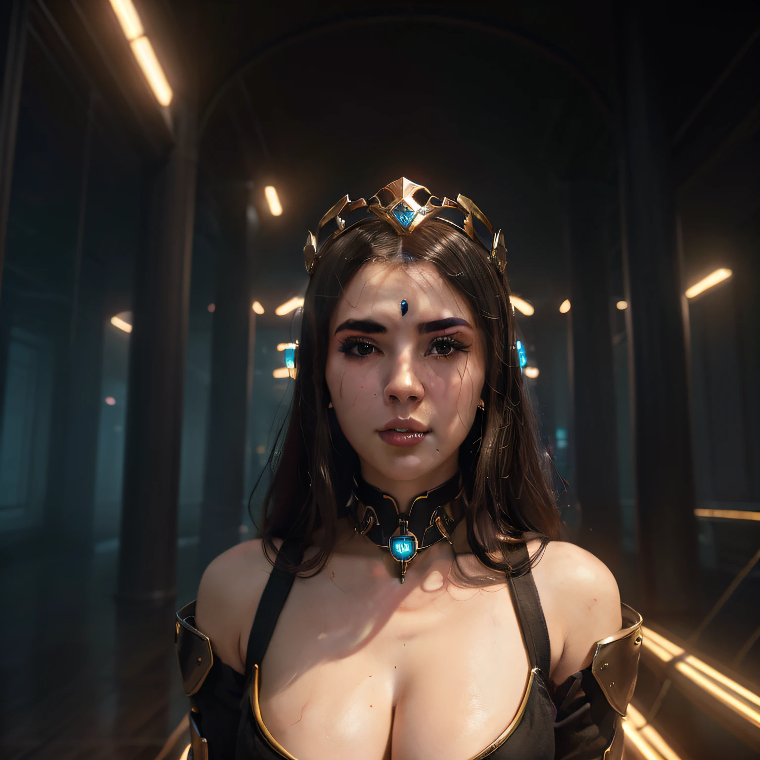 A Sensual Queen in a Technological Realm" An image of a cyberspace empress adorned in a futuristic regal outfit ruling a virtual kingdom. A cena se passa em um ambiente digitalmente imersivo, exalando um ar de autoridade, Power and seduction