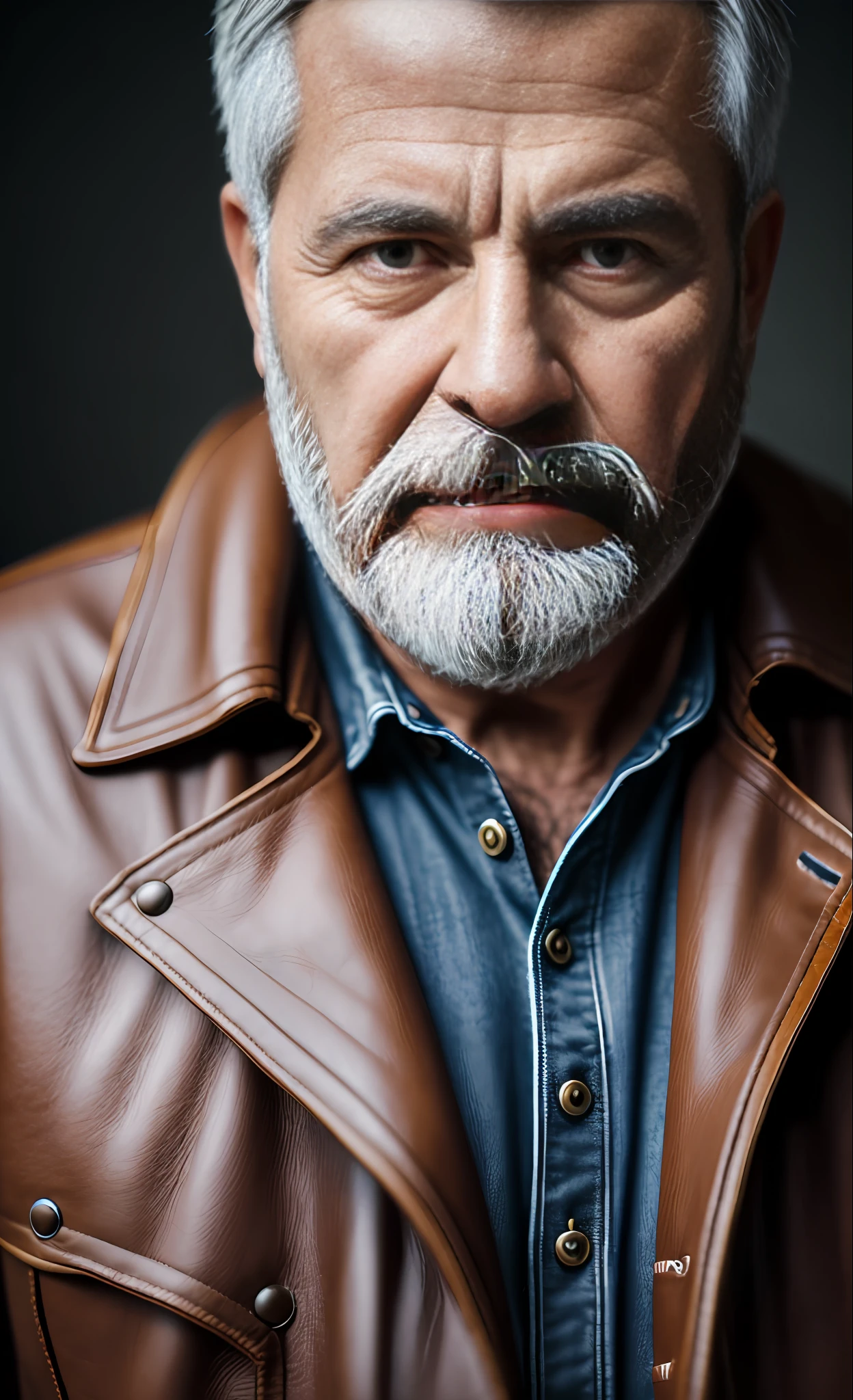 Portrait of a middle-aged man, detailed skin face, expression wrinkles, lumberjack style gray beard, raw beige leather jacket, white T-shirt without print, stiff countenance. Ultra detailed scene, dslr camera with 50mm Lens, soft studio lighting