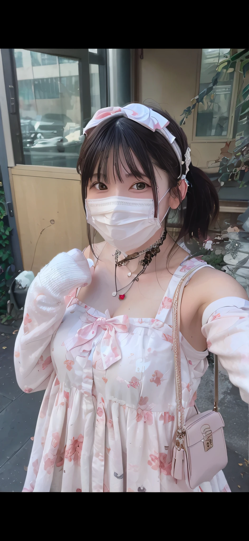 araffe wearing a mask and gloves and a handbag taking a selfie, twintails white_mitts, wearing face mask, wearing face mask, belle delphine, wearing transparent glass mask, 8K)), author:ayami kojima, shikamimi, anime vibes, Anime girl in real life, Wearing a mask, white hime cut hairstyle, the robot wearing her human mask
