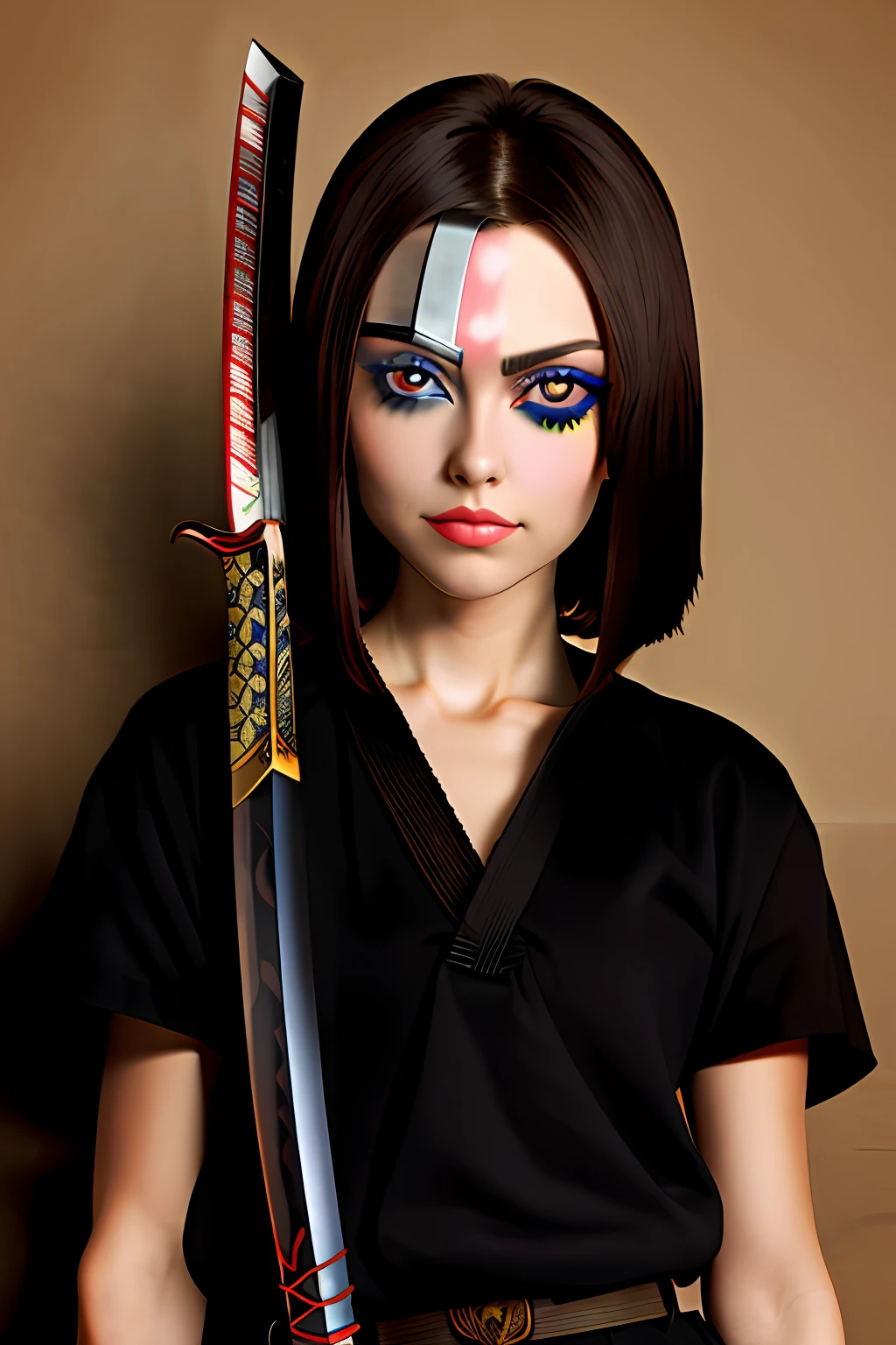 Female Brunette Red Eye Katana Surrealist High Superior Delicate Eyes