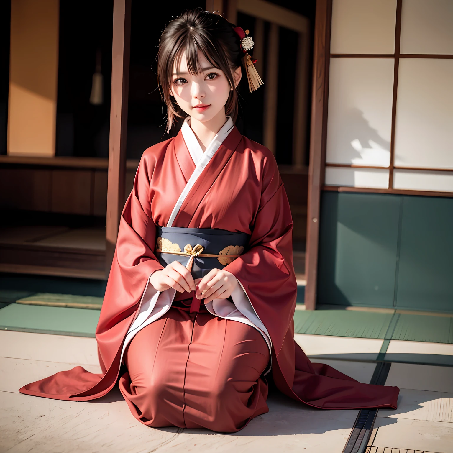 A girl in a Japanese kimono sits on the ground，Wear very revealing clothes，And a knife