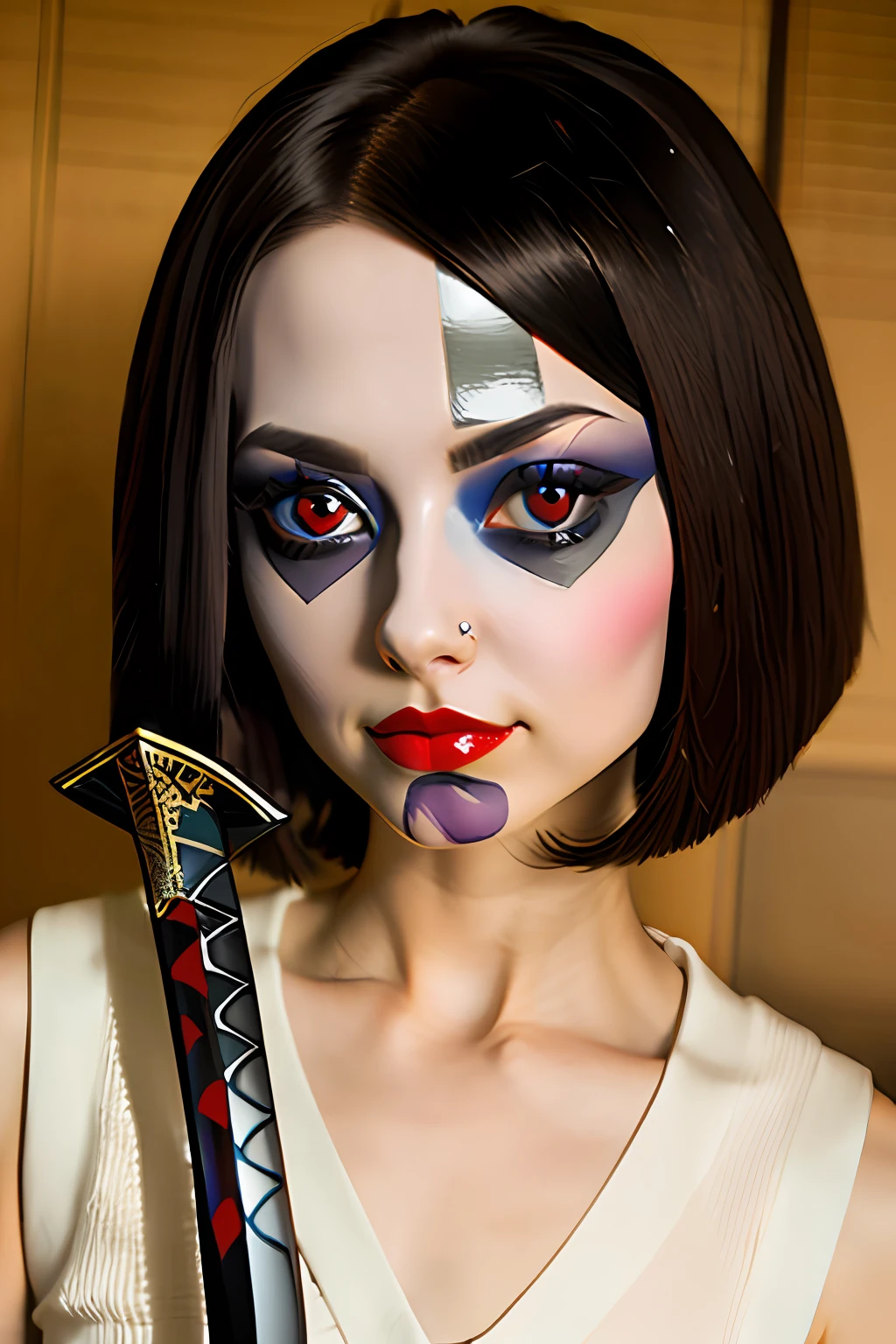 Female Brunette Red Eye Katana Surrealist High Superior Delicate Eyes