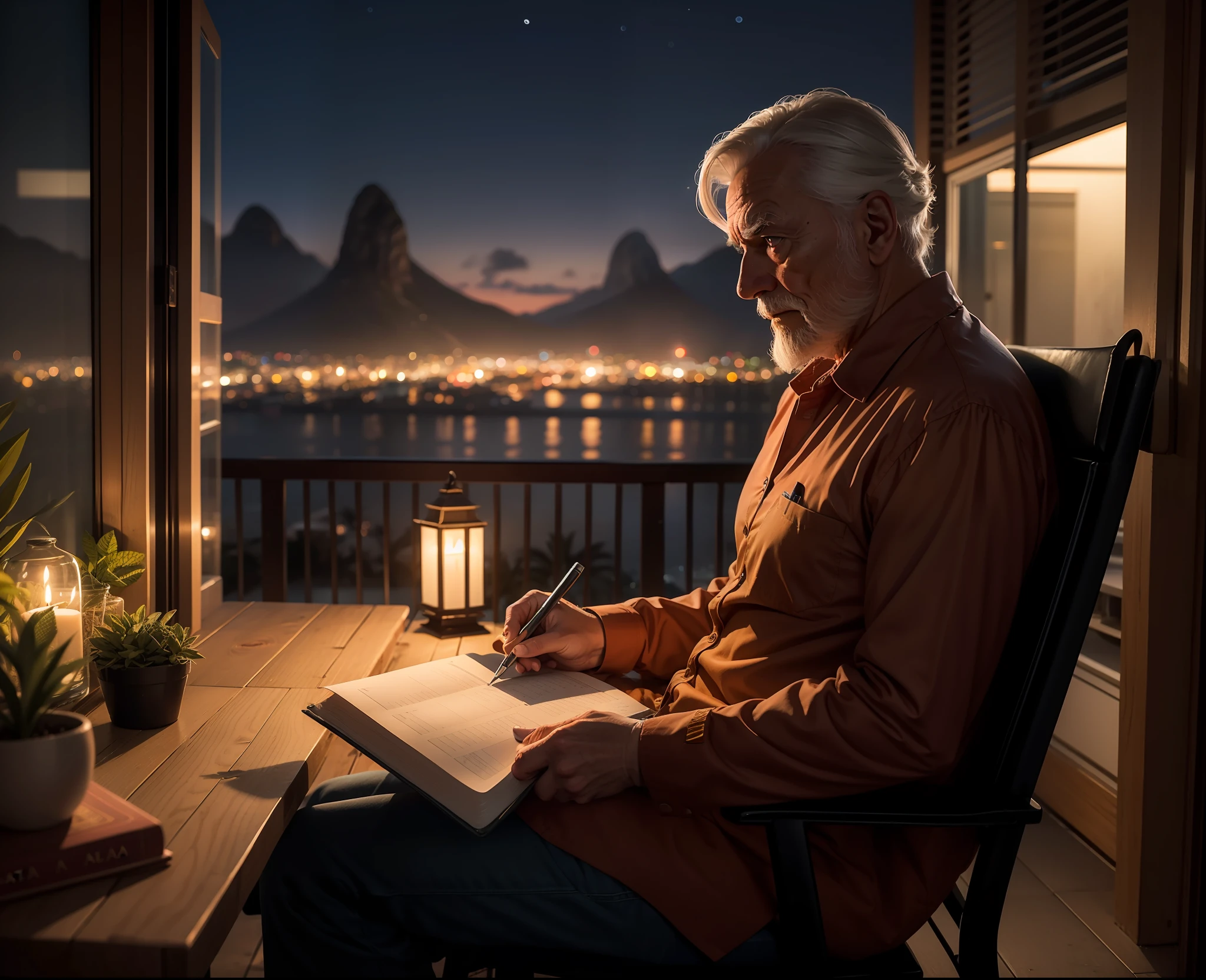 Homem velho, cabelos e batba brancos, expression serious, lendo um manuscrito, sentado na varanda de sua casa, In the background as the Sugar Loaf, rio de janeiro, noite escura, contemporary style, 8k, maximum detailed, alta qualidade