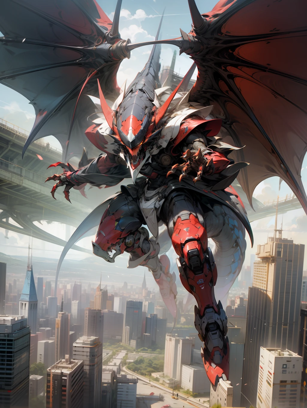 a red robot dragon with wings and big feet looking over a city, in the style of hyper-realistic animal illustrations, mecha anime, Murais hiper-realistas, zbrush, bold coloration, Escola Ashcan, fechar para cima