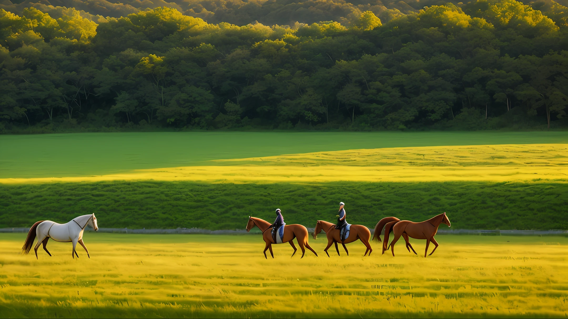 eventide，evening light，grass field，Running horses