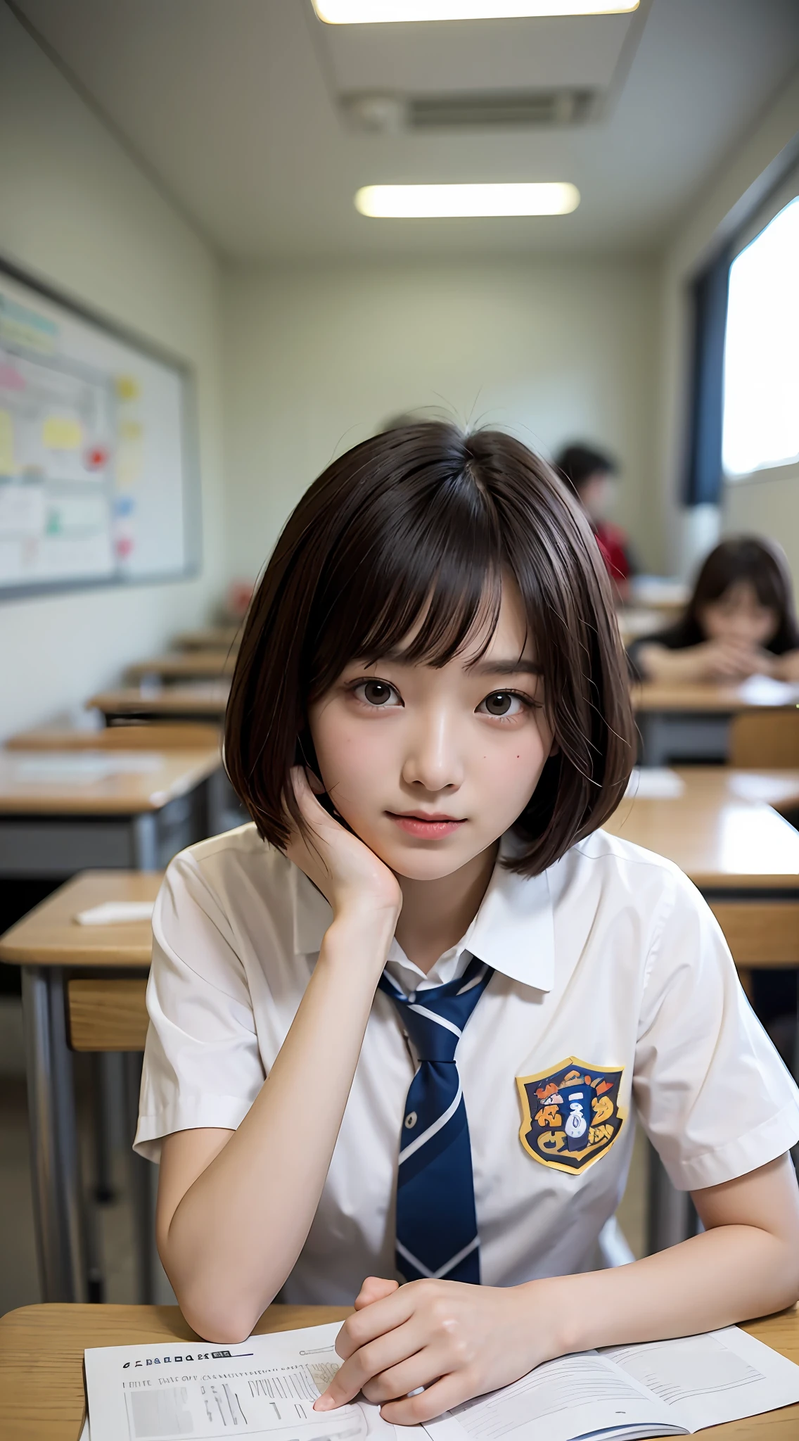 At home, Write in books, bob-cut hair, Primary school student wearing Shenzhen school uniform, ssmile, looking at viewert, Cowboy shot, 35mm, filmgrain, Cinematic lighting, surrealism, Super detail, High details, Best Quality, A high resolution