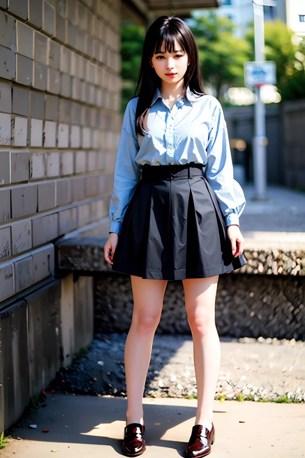 4k, photo, realistic,best quality,1girl,woman, (full body:1.2), photo \(medium\), women,solo, black hair, lips, looking at viewer, blurry, black eyes, depth of field, long hair, loafers, bare legs, black dress,