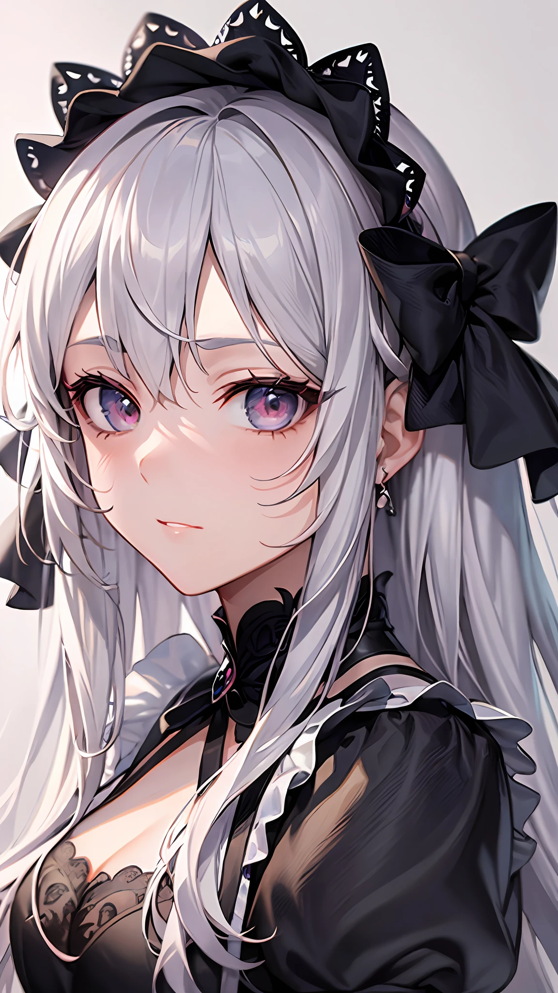Close up portrait of woman in dress in white and black dress、Gothic Otome anime girl、anime girl wearing a black dress、Cute anime waifu in a nice dress、Anime girl in maid costume、Elegant Gothic princess、guweiz、Gwaits at Pixiv Art Station、Gwaitz at Art Station pixiv、Beautiful anime girl、Embarrassed look