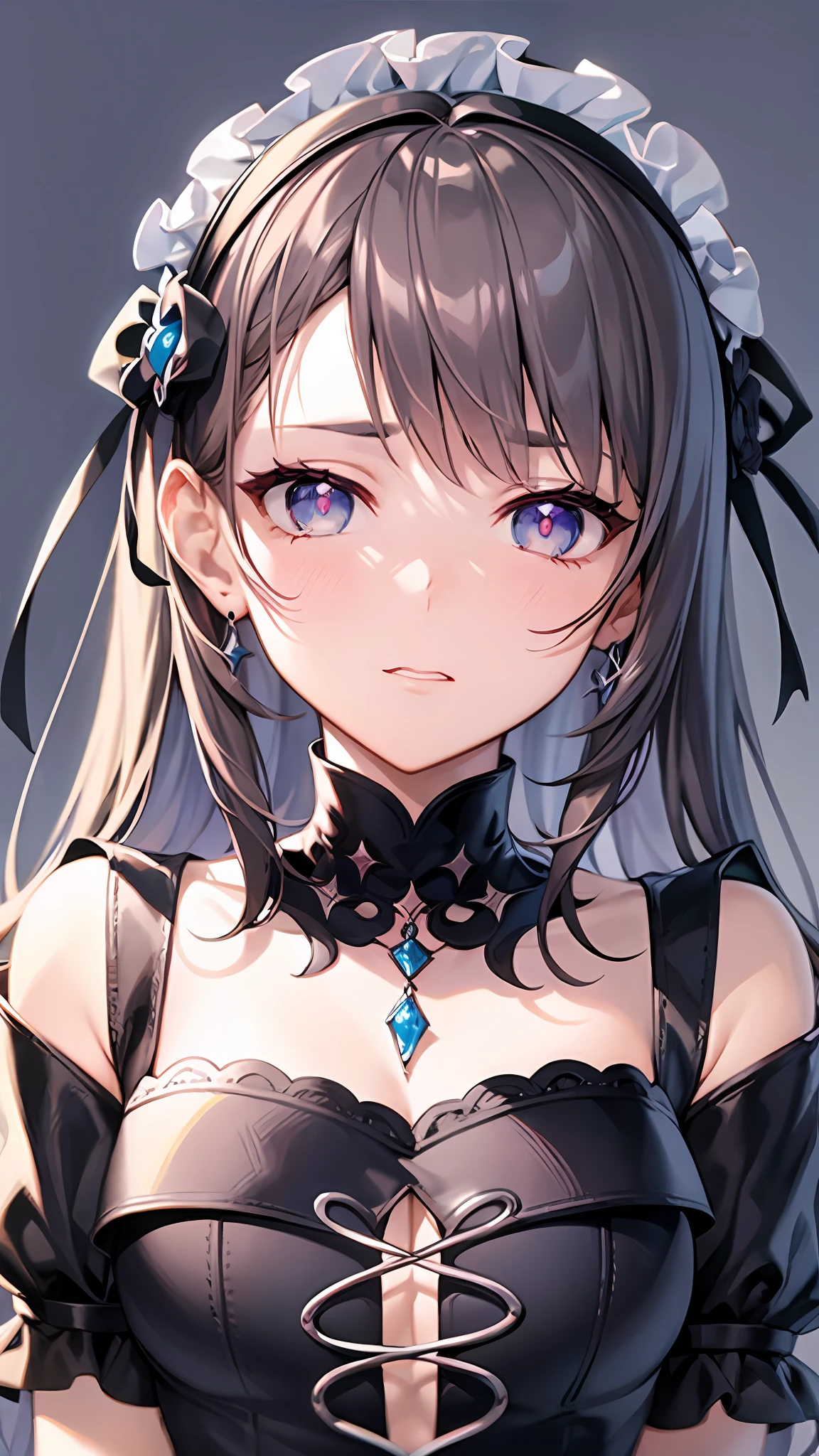 Close up portrait of woman in dress in white and black dress、Gothic Otome anime girl、anime girl wearing a black dress、Cute anime waifu in a nice dress、Anime girl in maid costume、Elegant Gothic princess、guweiz、Gwaits at Pixiv Art Station、Gwaitz at Art Station pixiv、Beautiful anime girl、Embarrassed look