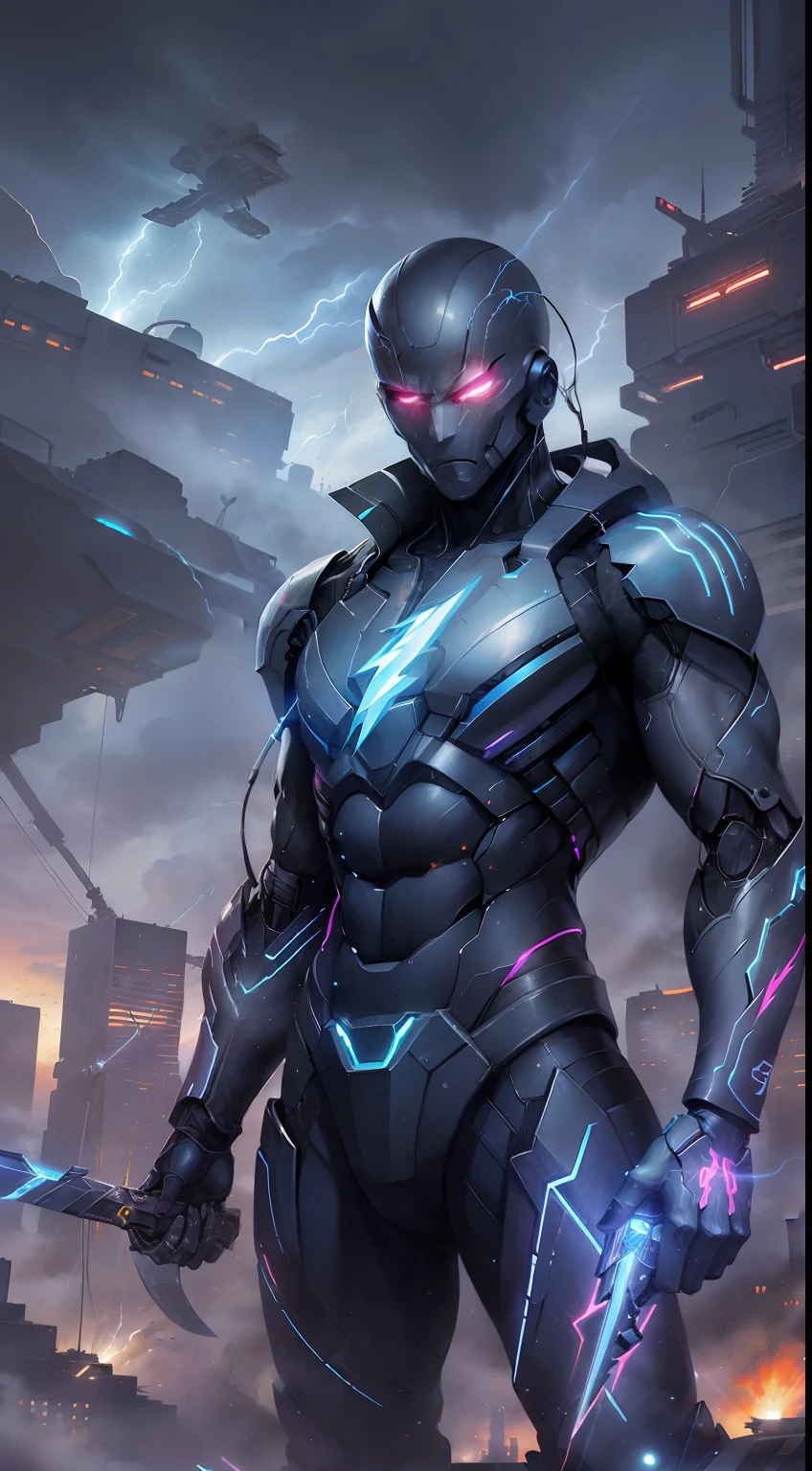 "The Cyberspace Gunslinger", a ruthless cyber vigilante, with muscular robotic arms and electronic circuit tattoos that glow under your skin. He's on an abandoned city roof, with the night sky full of dark clouds and lightning. His posture is confident, holding an energy sword in one hand while the other points to the horizon. The futuristic city below is steeped in an oppressive atmosphere of crime and corruption. Pintura digital, texturas realistas, --ar 16:9 --v 5.