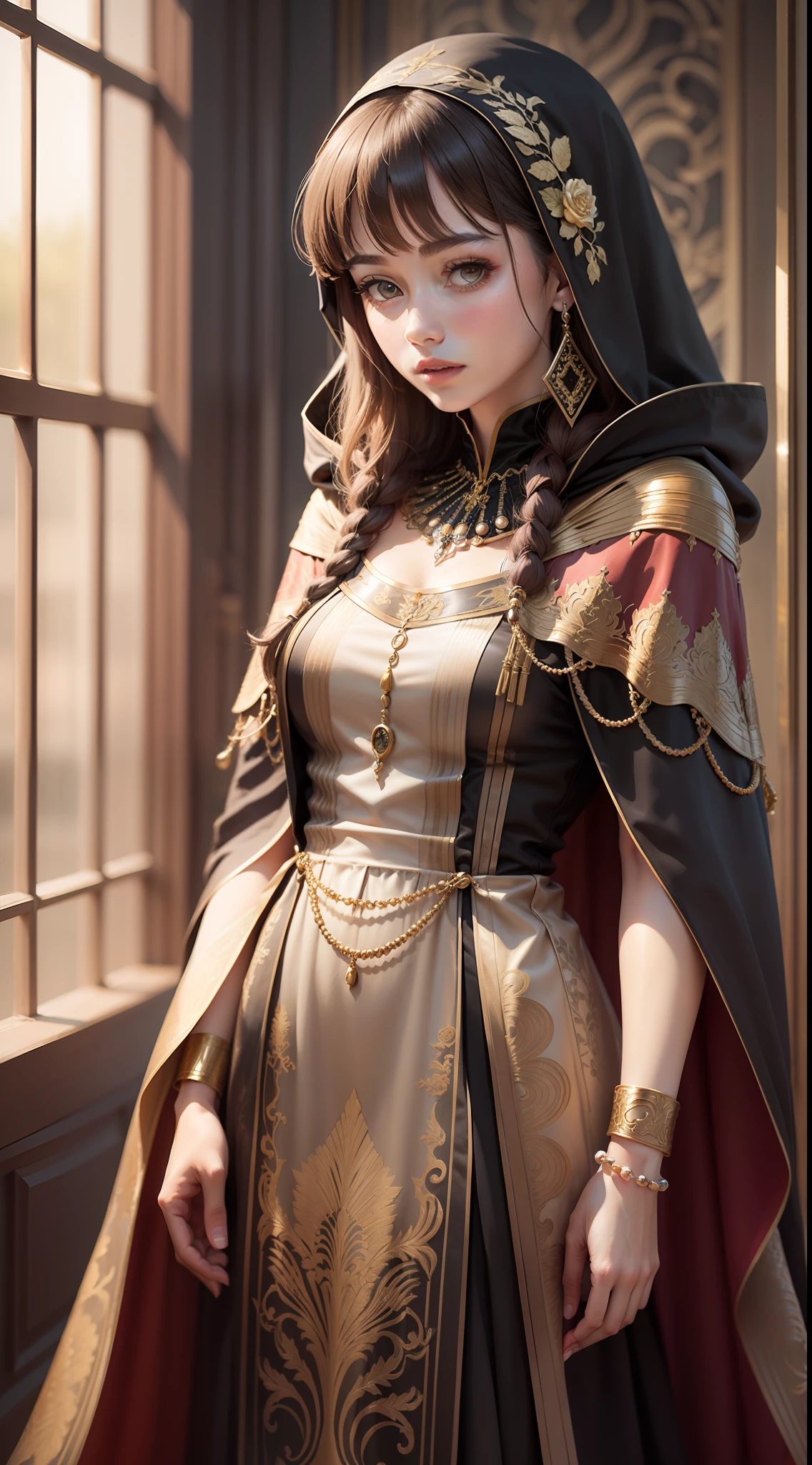 A dress,silk, folds, paper-cut patterns, gold thread embroidery, beads, cloak, standing collar.A dress, --ar 9:16 --q 1 --s 750 --v 5.2