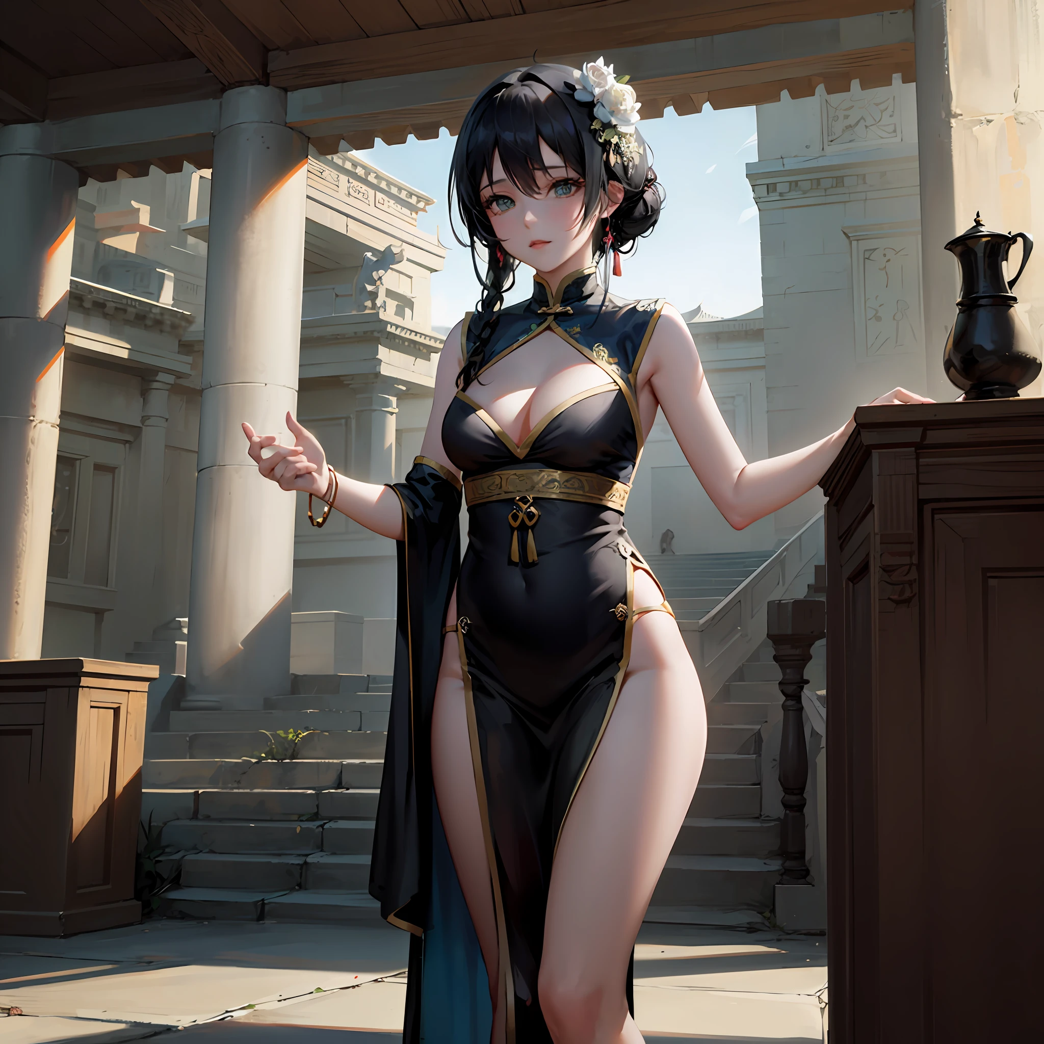 black hair, dunhuang, Raised sexy, Surrealism, anime style, anime style, ray tracing, 8k, super detail, UHD, masterpiece, textured skin, super detail, high quality, highres, high quality，Wearing Dunhuang clothes，Background Ancient Scenery --auto