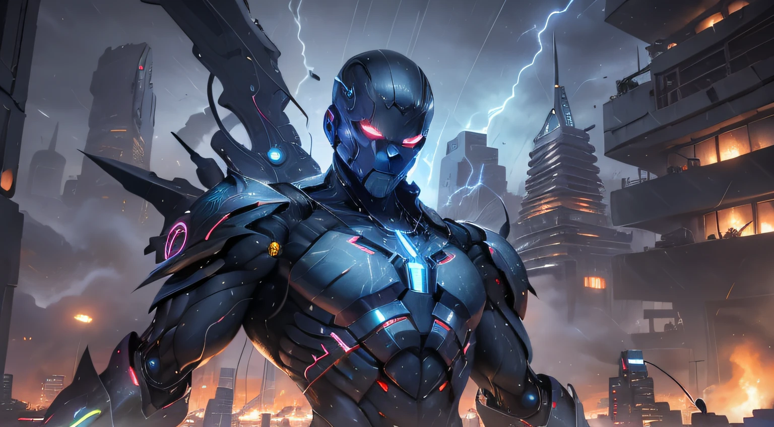 "The Cyberspace Gunslinger", a ruthless cyber vigilante, with muscular robotic arms and electronic circuit tattoos that glow under your skin. He's on an abandoned city roof, with the night sky full of dark clouds and lightning. His posture is confident, holding an energy sword in one hand while the other points to the horizon. The futuristic city below is steeped in an oppressive atmosphere of crime and corruption. Pintura digital, Texturas realistas, --AR 16:9 --V 5.